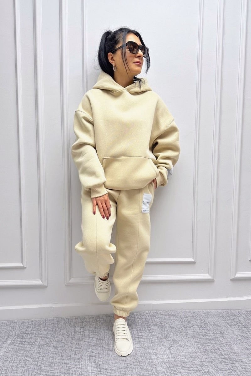 Beige Sweatpants Set with Fleece