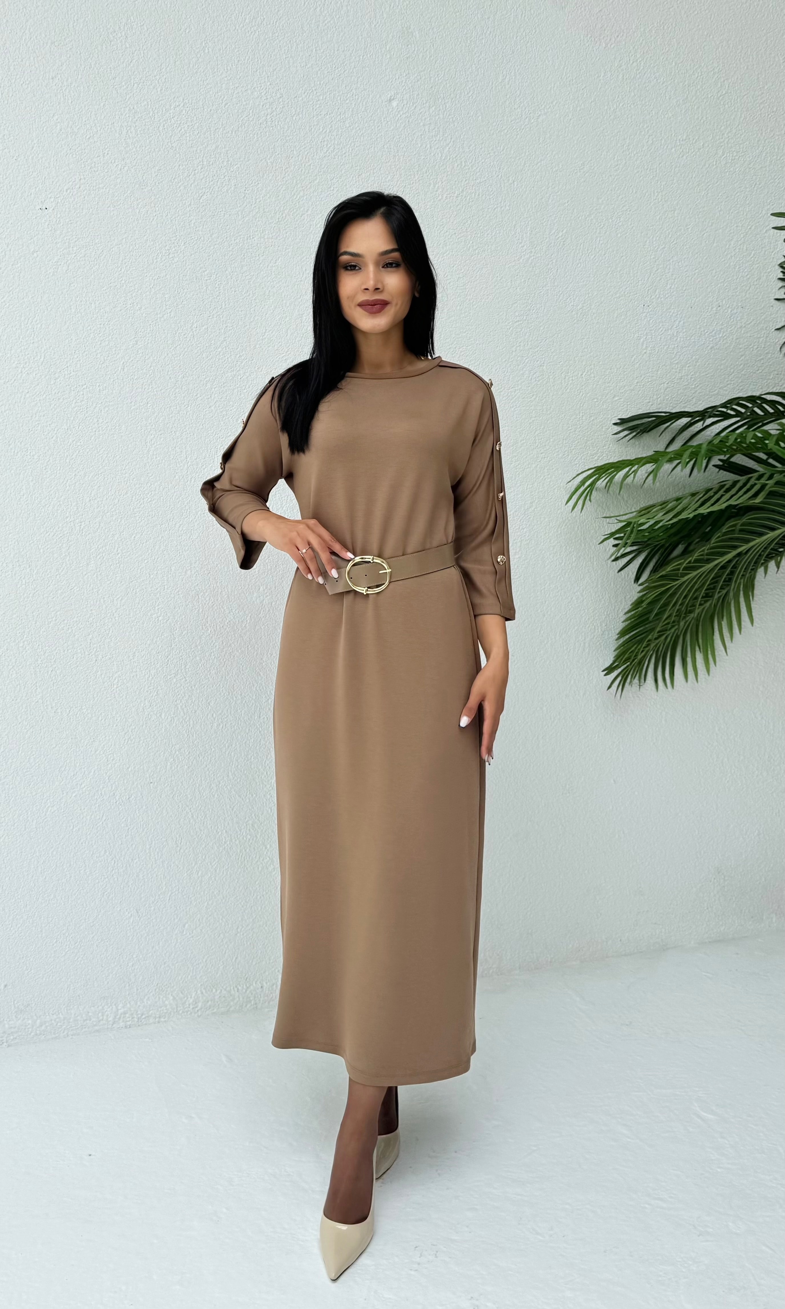 Kemerli Basic Elbise - Vizon