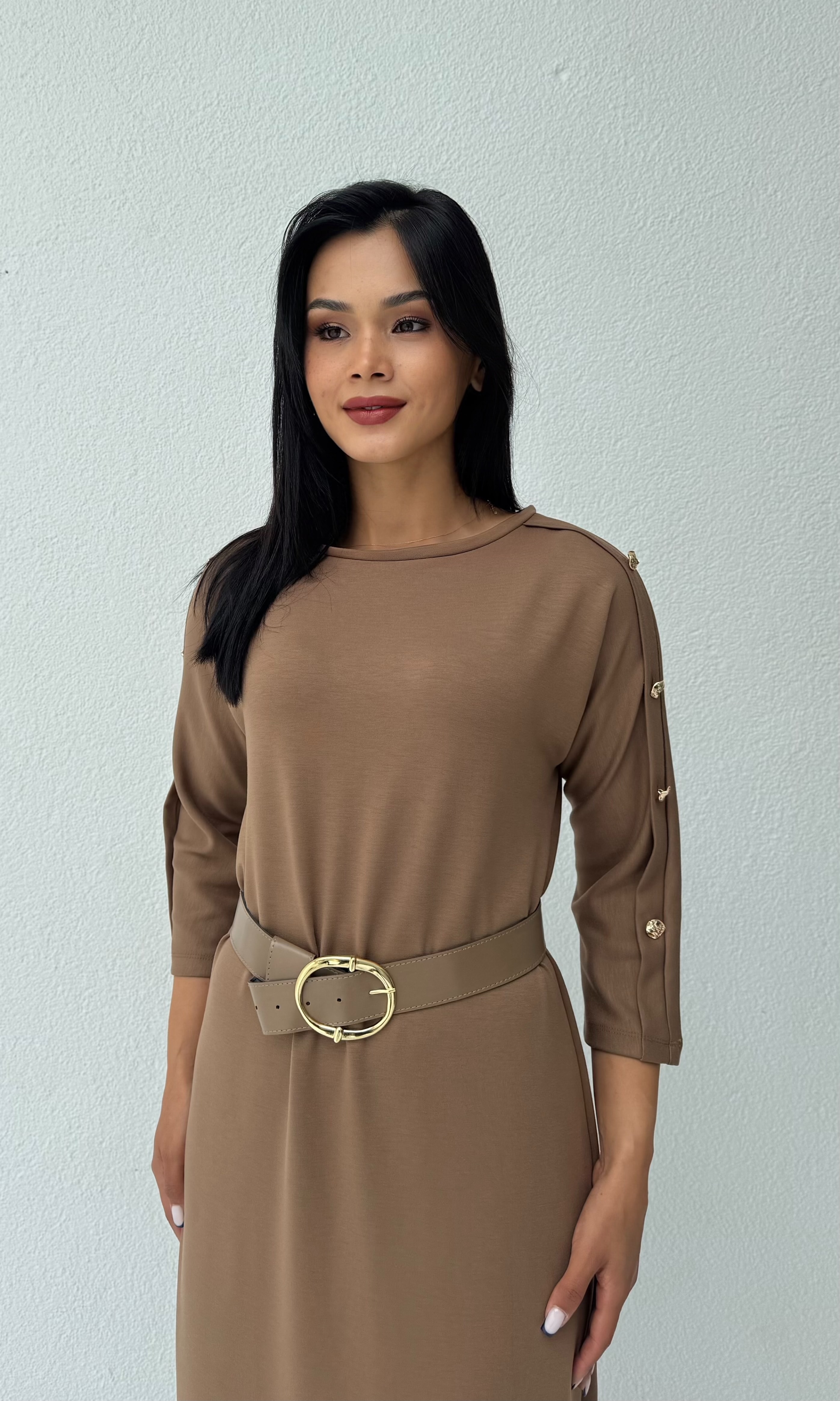 Kemerli Basic Elbise - Vizon