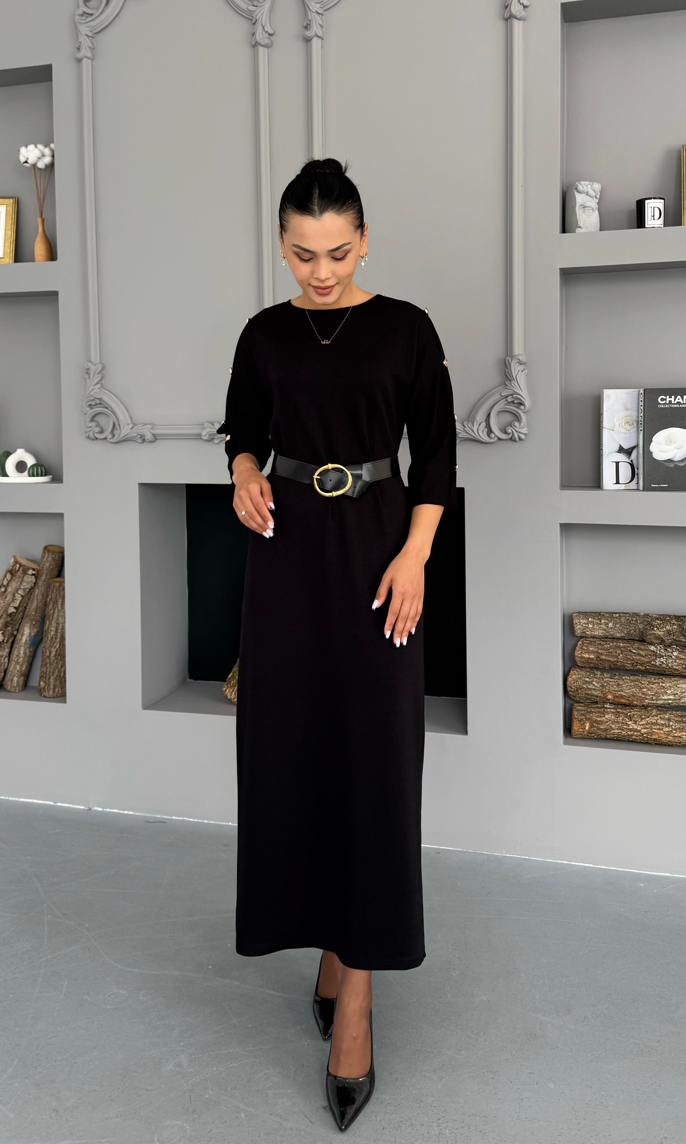 Kemerli Basic Elbise - Siyah