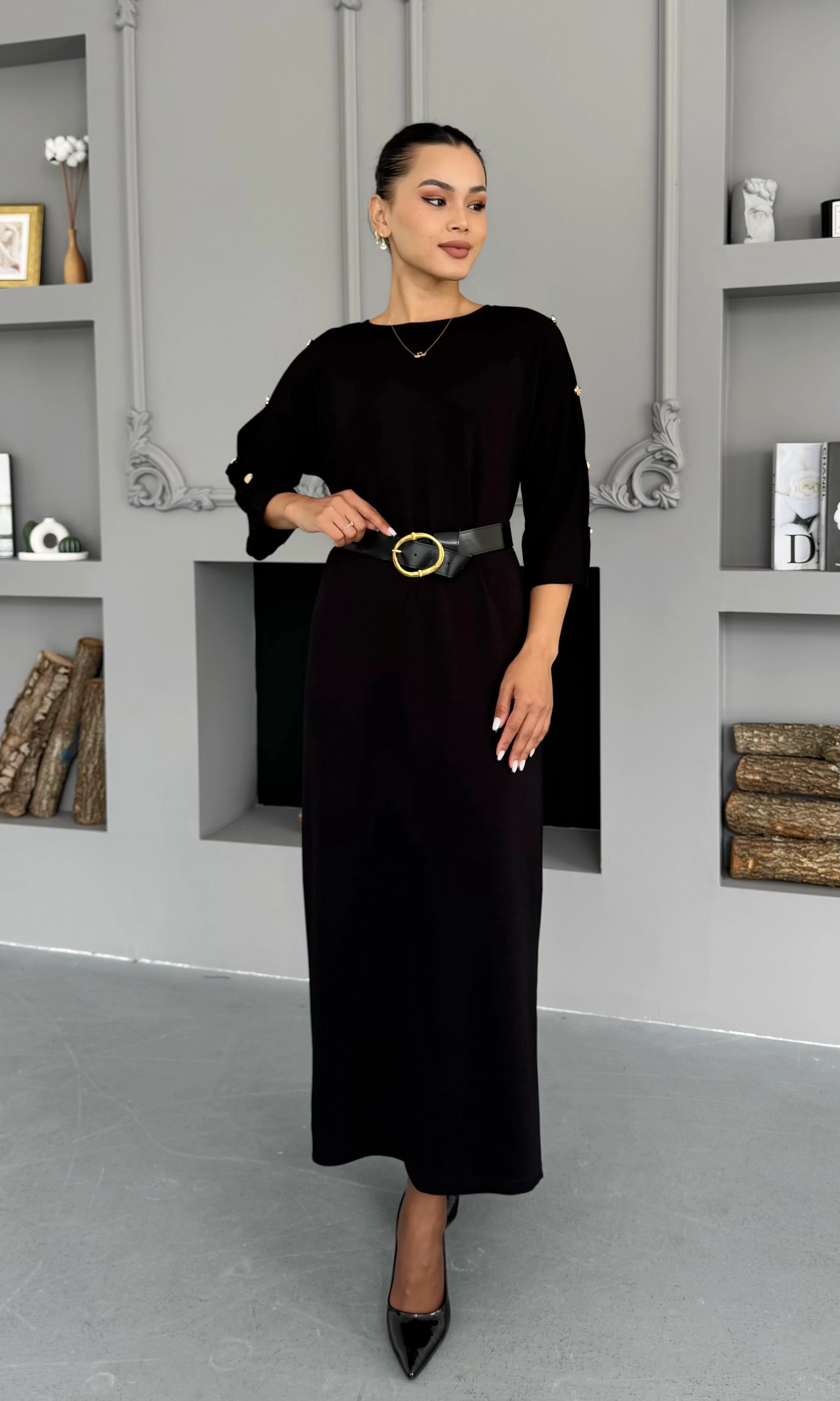 Kemerli Basic Elbise - Siyah