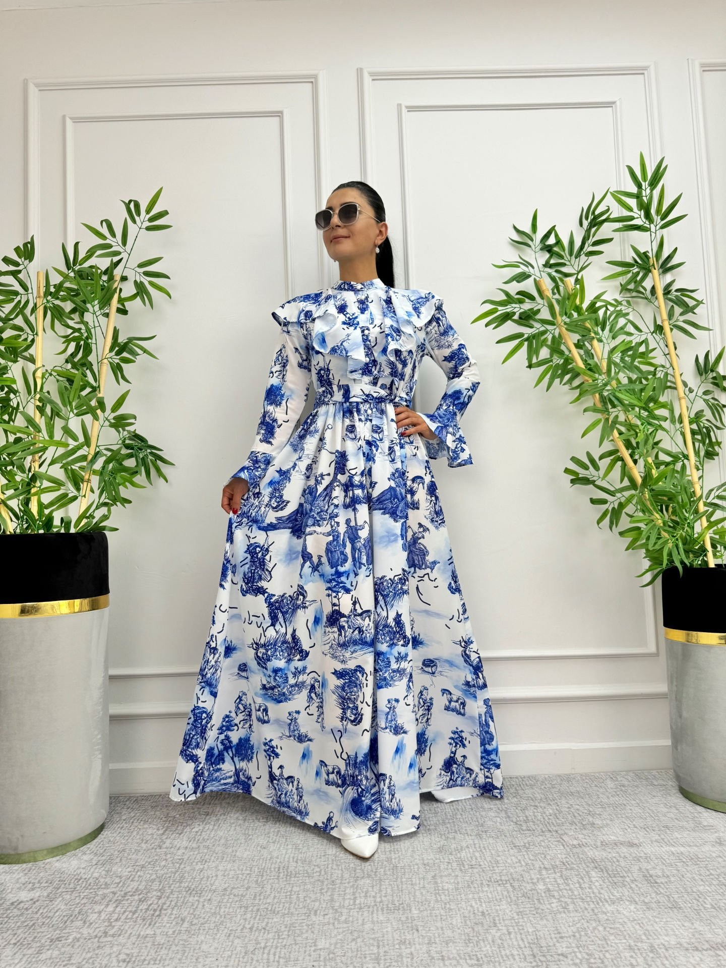 Blue and White Patterned Crepe Dress