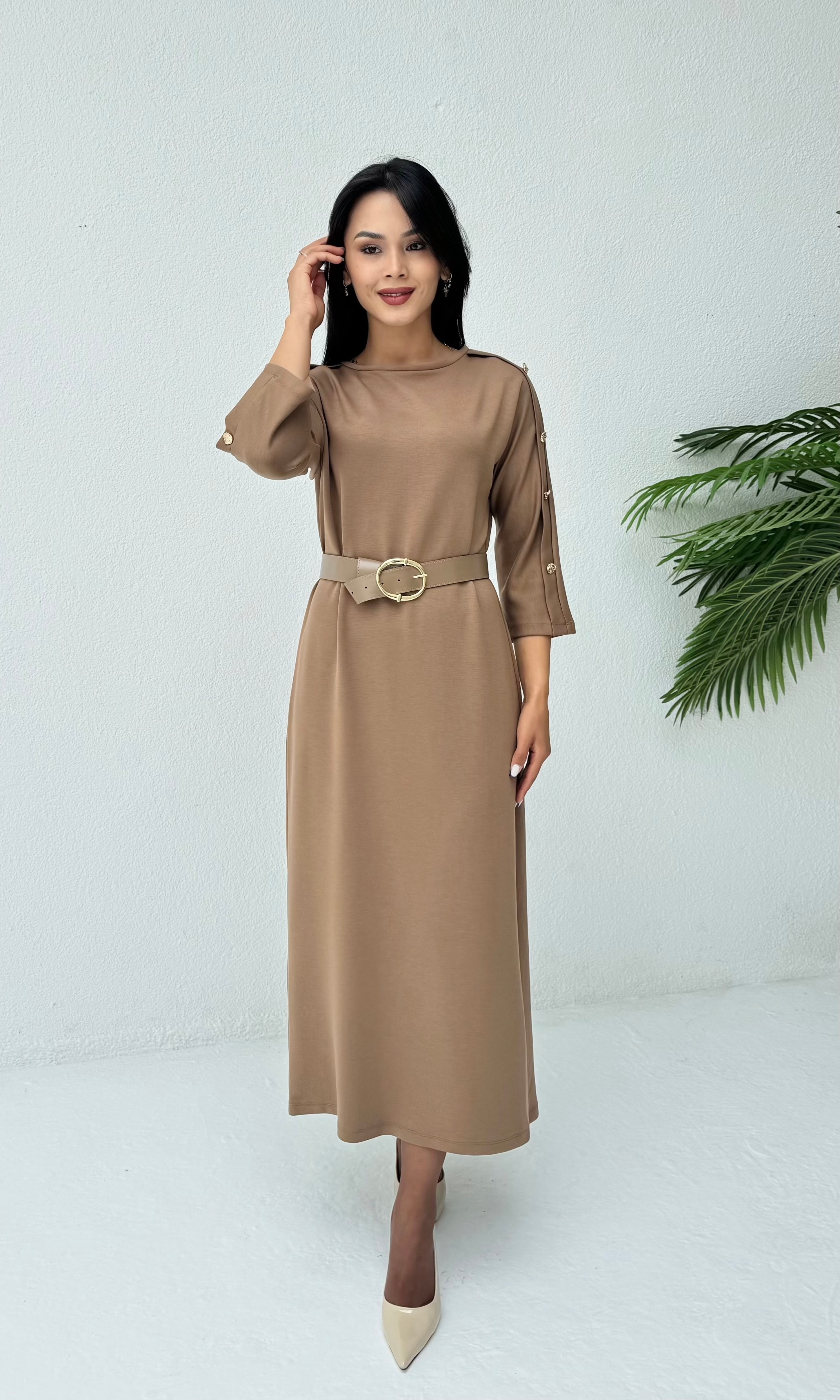 Kemerli Basic Elbise - Vizon