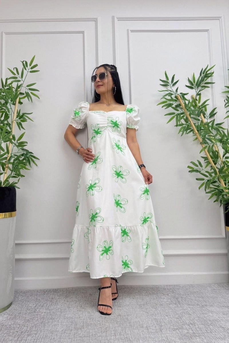 Flower Embroidered Balloon Sleeve Dress