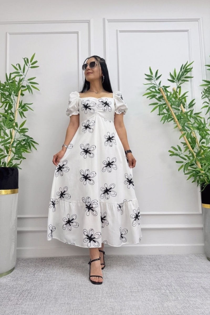 Flower Embroidered Balloon Sleeve Dress