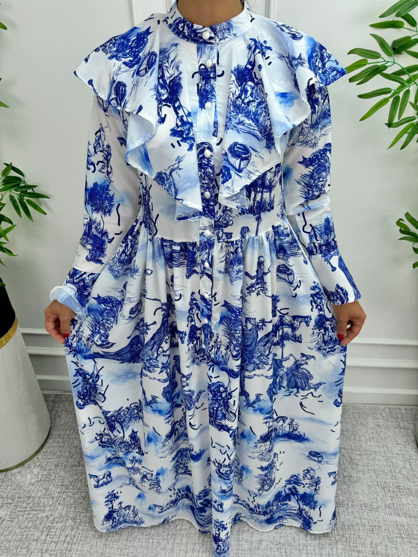 Robe En Crêpe À Motifs Bleu Blanc