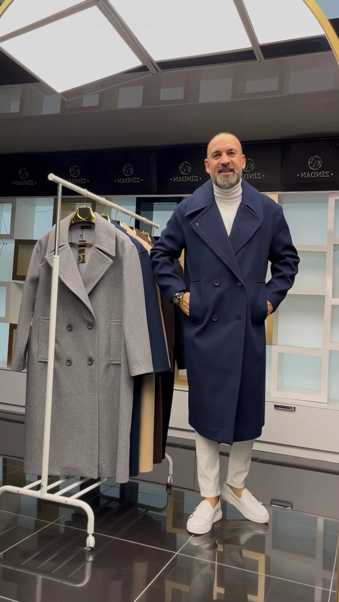 Oversize Kruvaze Kaşe Kaban Lacivert