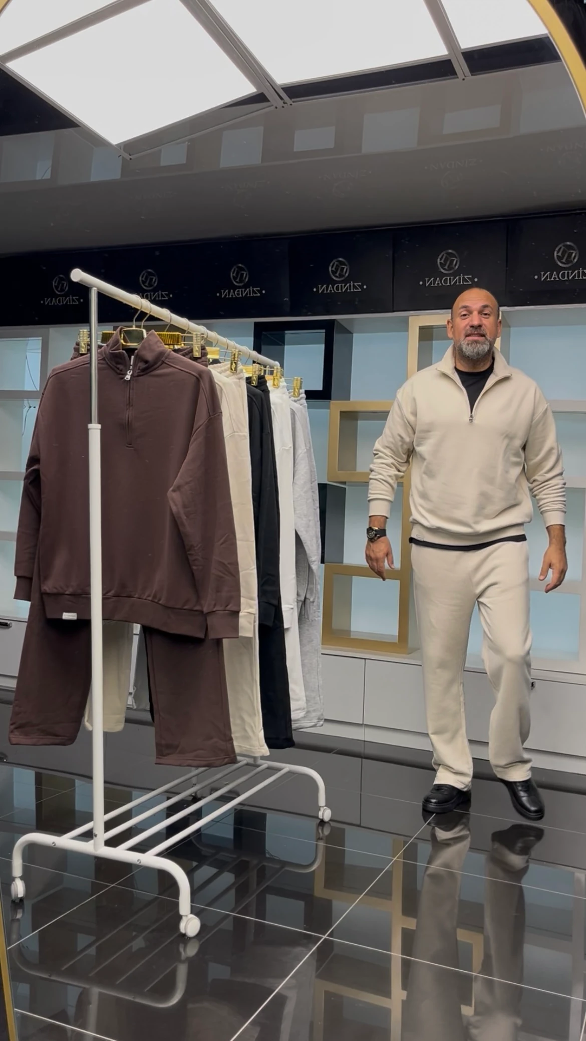 Fermuarlı Bol Paça Eşofman Takımı Bej 