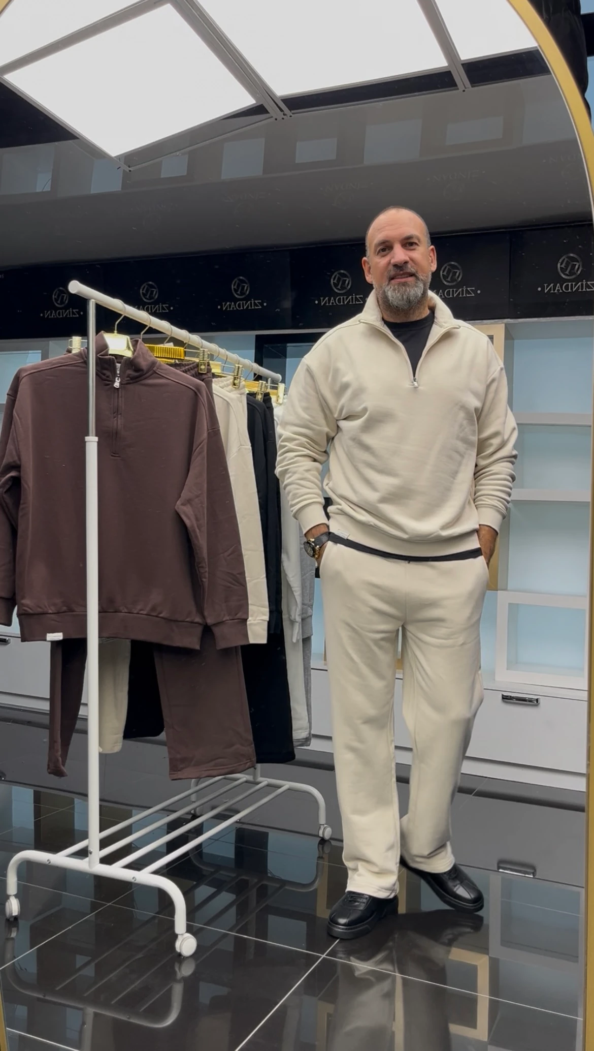 Fermuarlı Bol Paça Eşofman Takımı Bej 