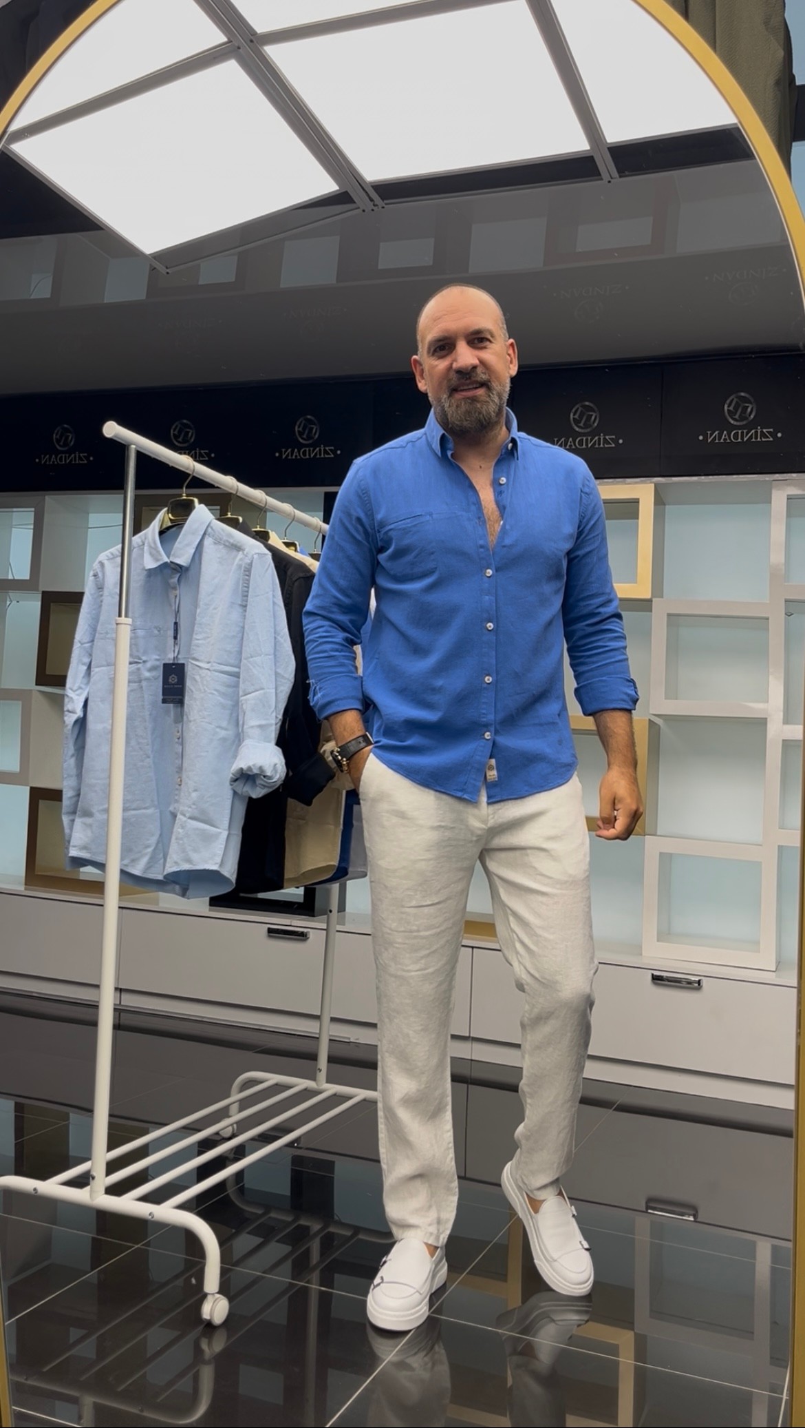 ŞİLE BEZİ KETEN GÖMLEK SAKS MAVİ 