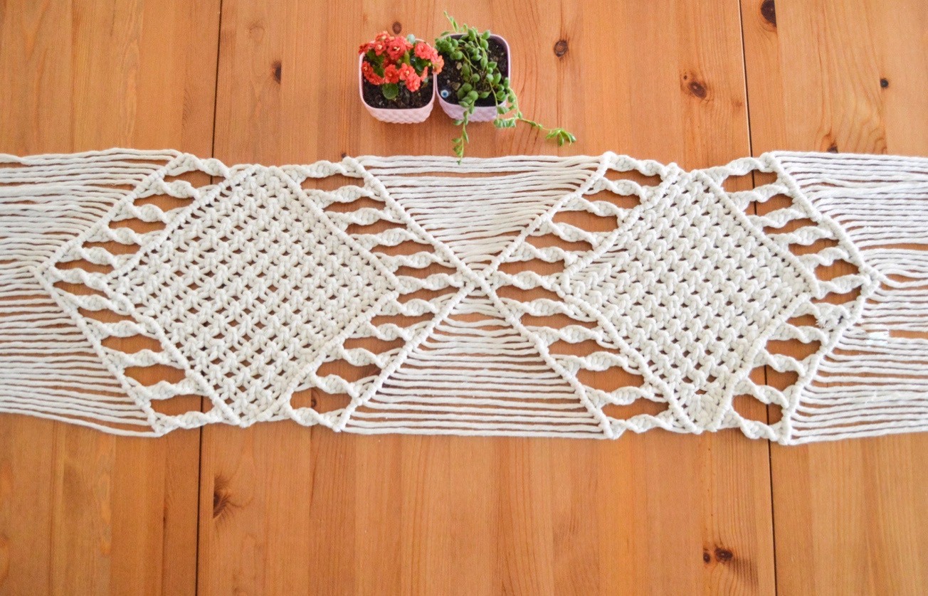 Macrame Table Runner, Dinner Table Runner, Kitchen Table Wares, Handmade Cotton Runner Custom Size, Wedding Chair Macrame Decor