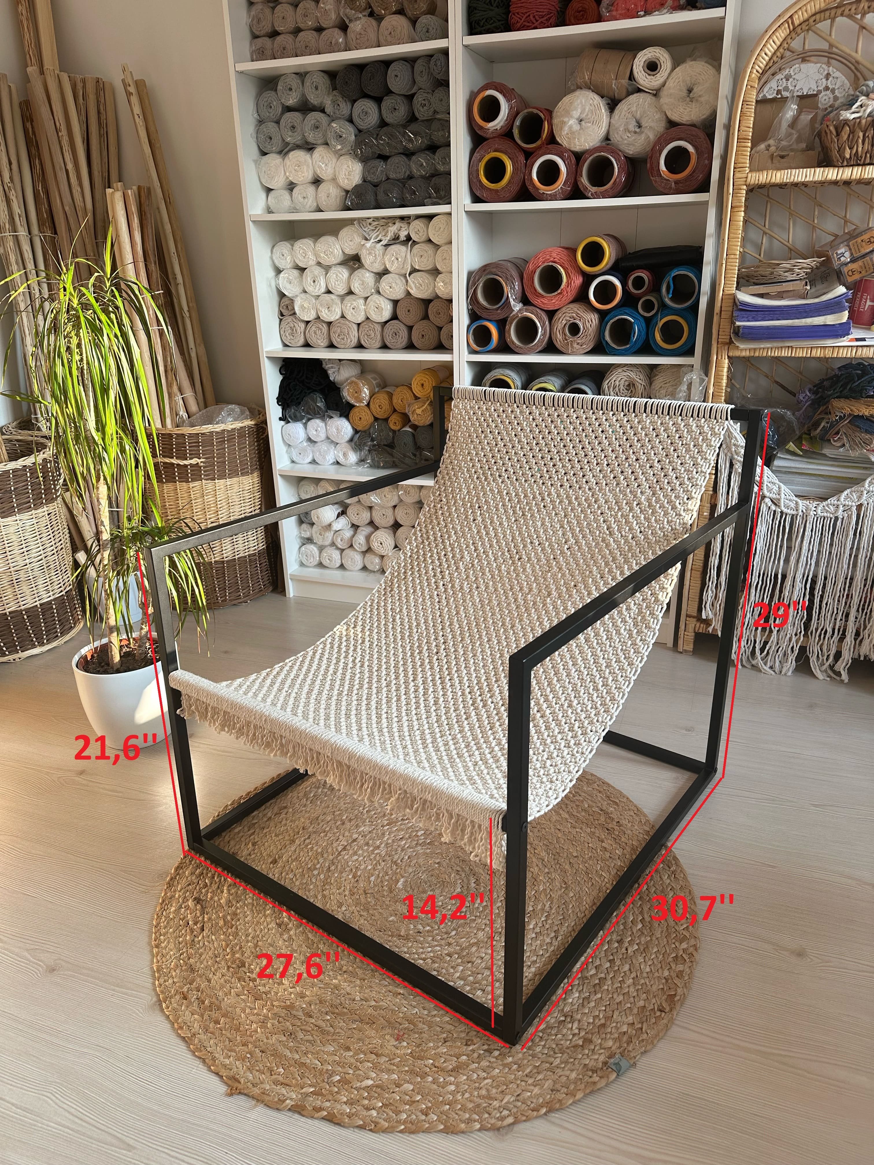 Lounge Accent Sling Chair, Modern Accent Handmade Armchair, Boho Home Midcentury Decoration, Black Steel Metal Handmade Macrame Armchair