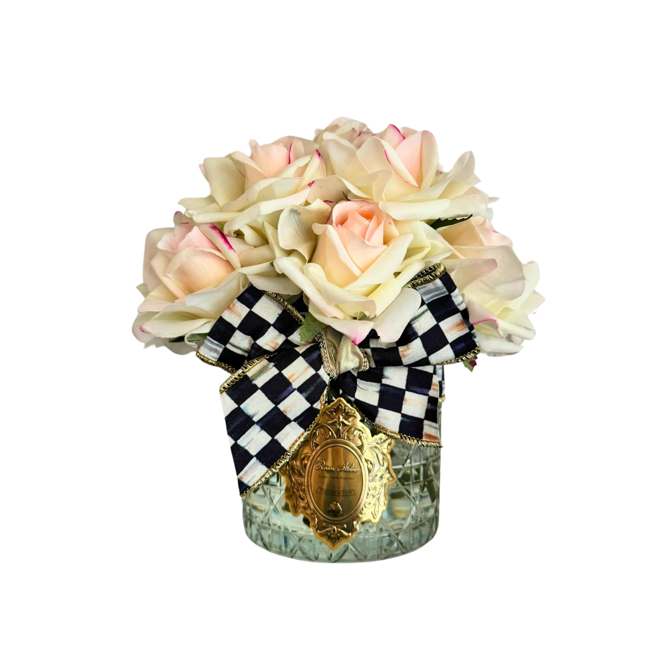   12 Güllü Dior Kesme Cam Vazo Mackenzie-Childs Kurdeleli Oda Kokusu Aranjman - Allıklı