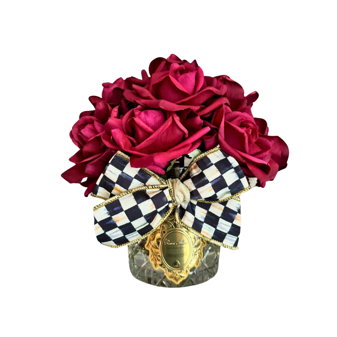   12 Güllü Dior Kesme Cam Vazo Mackenzie-Childs Kurdeleli Oda Kokusu Aranjman - Bordo