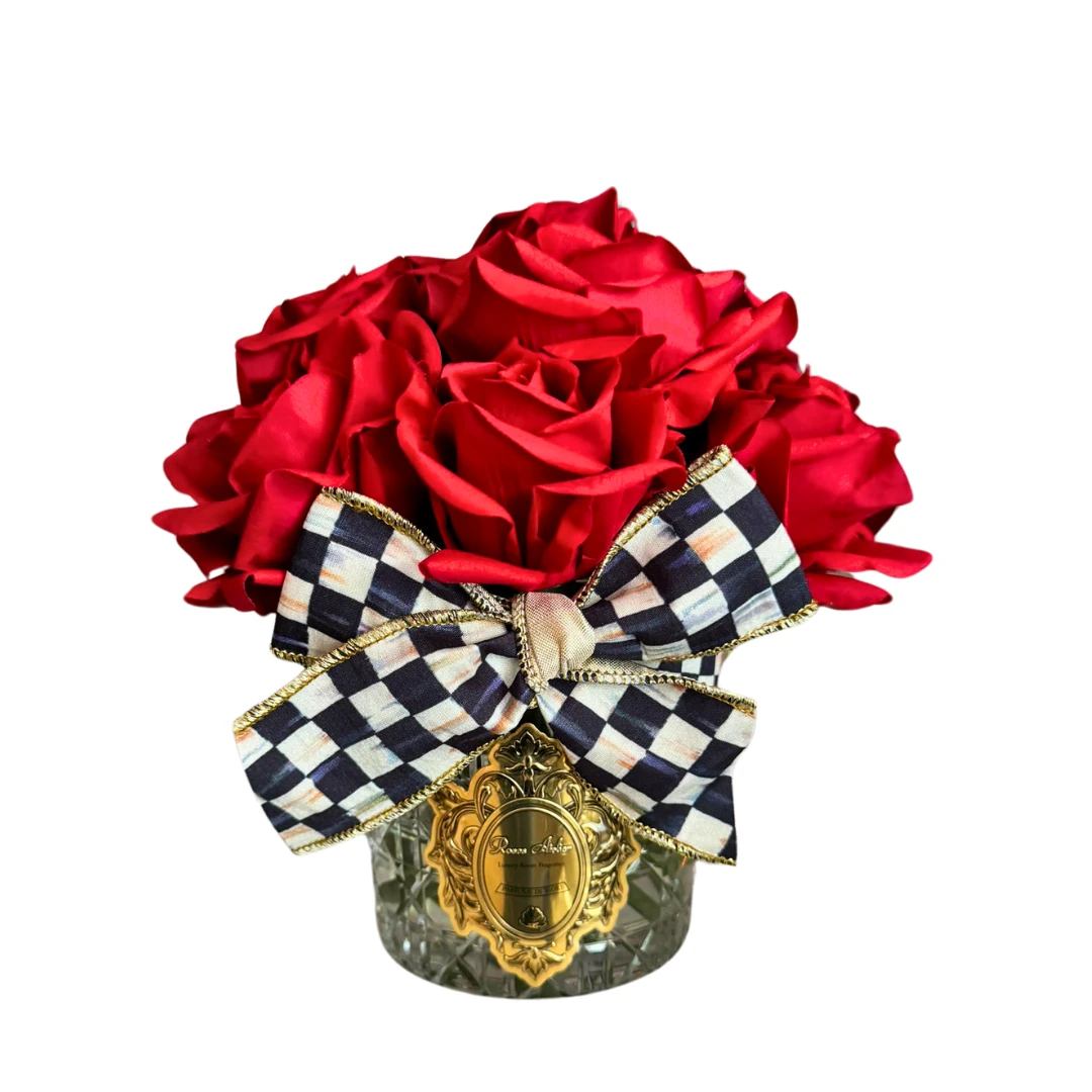   12 Güllü Dior Kesme Cam Vazo Mackenzie-Childs Kurdeleli Oda Kokusu Aranjman - Kırmızı