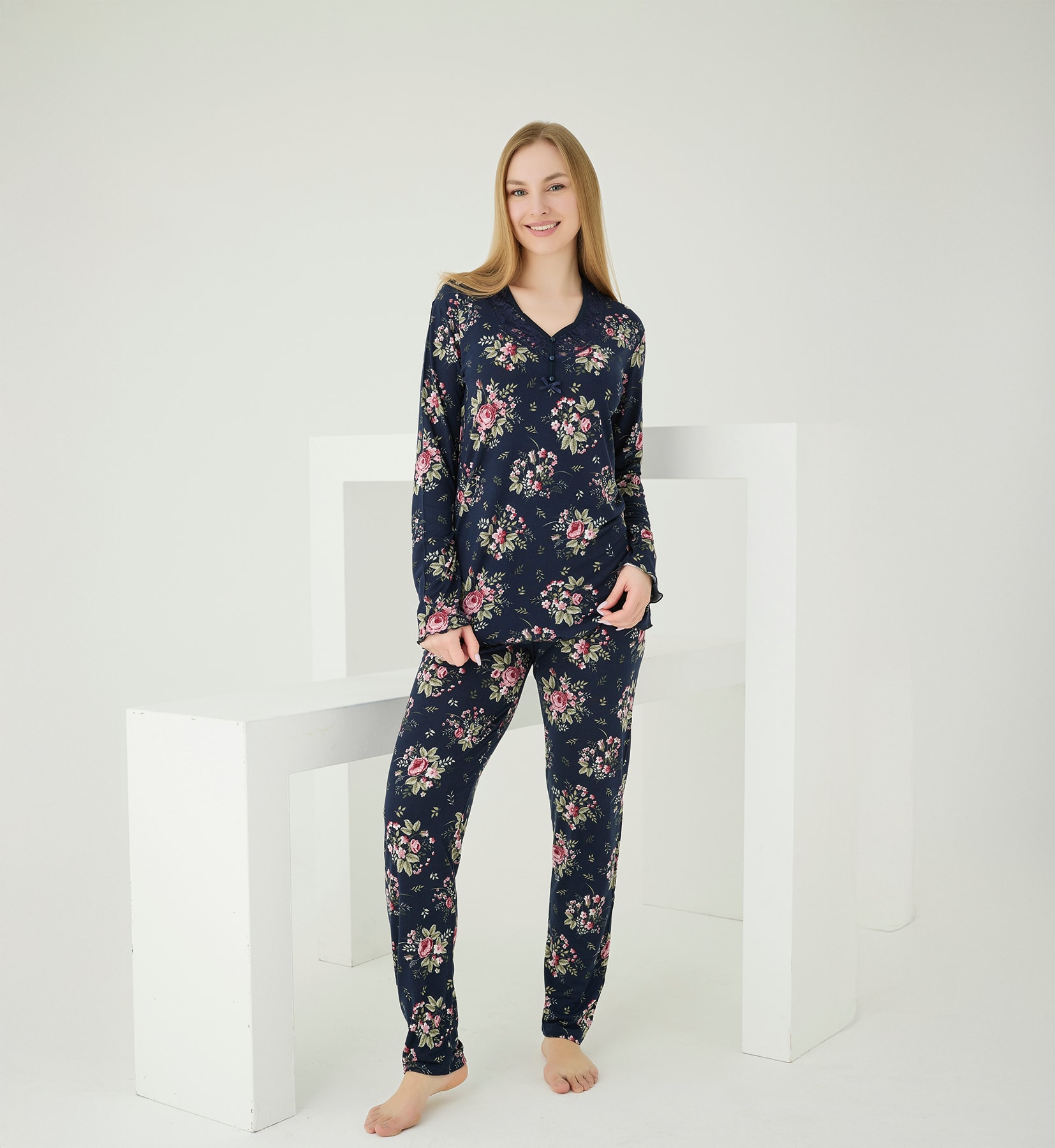 Bambu Pijama Takımı - Lacivert uzun kollu bambu