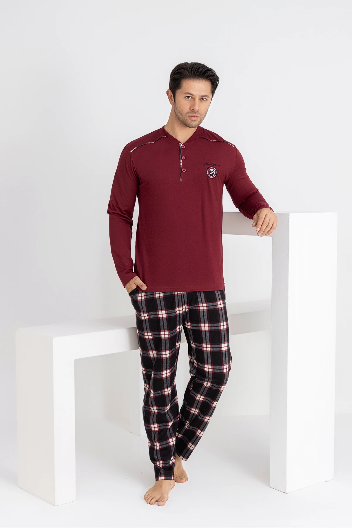 Erkek Ekose Pijama - bordo cepli ekose