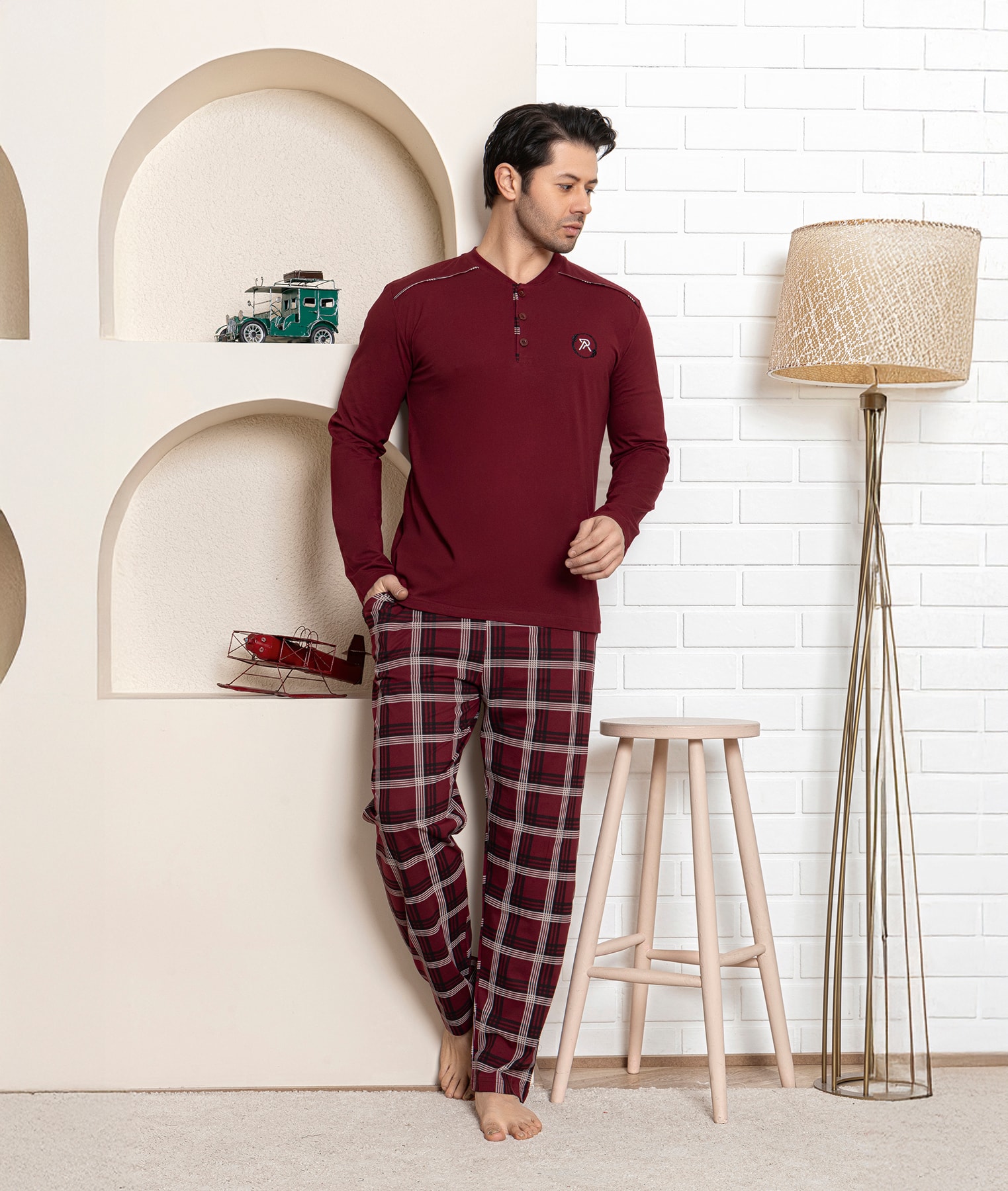 Erkek Ekose Pijama - açık bordo ekose