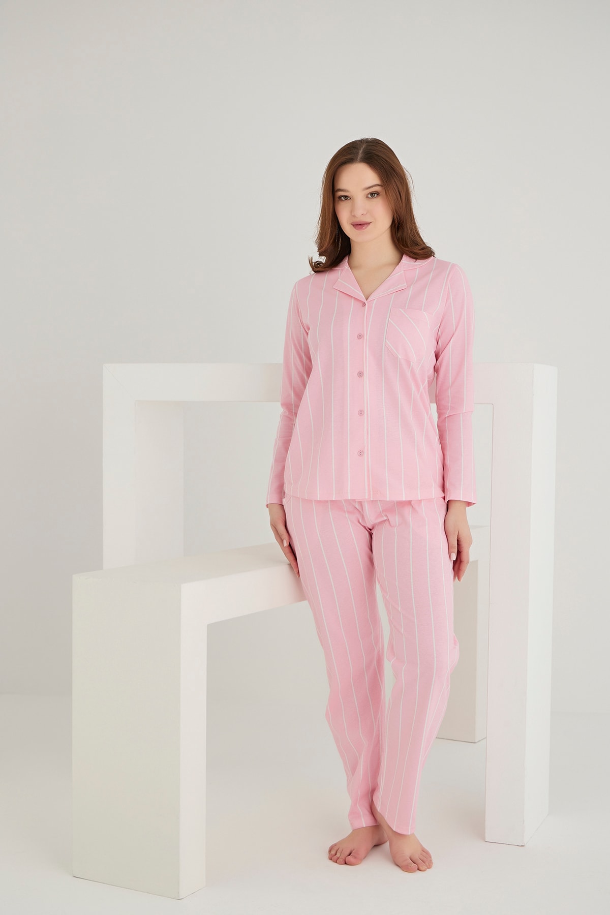 Pamuklu Pijama Kışlık - pembe çizgili düğmeli pijama