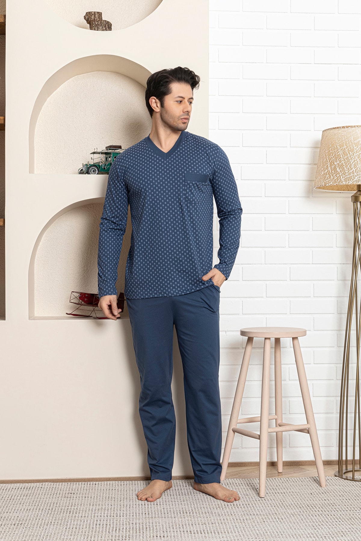 Erkek Düz Model Kışlık  Pijama  - açık mavi desenli cepli