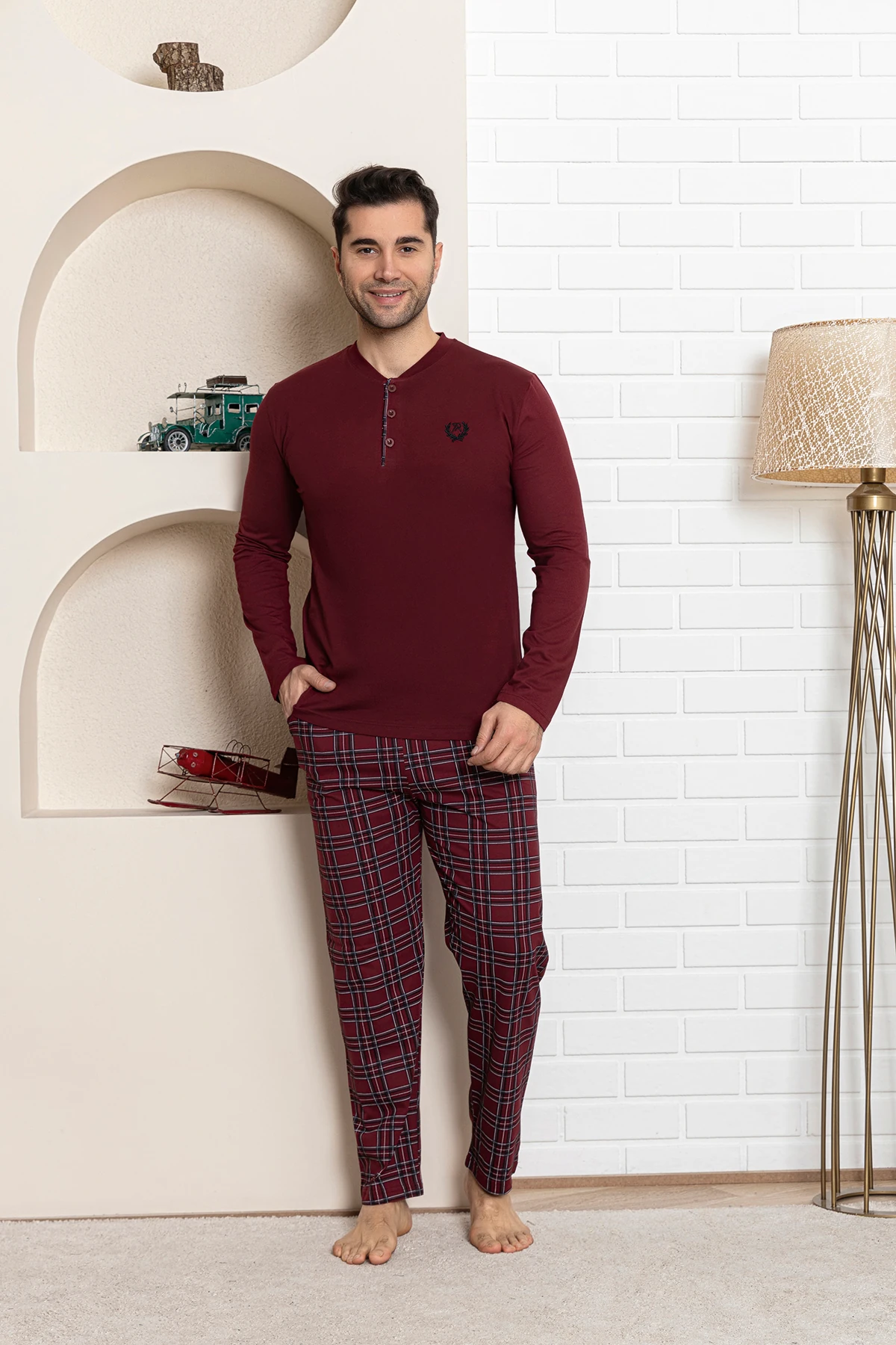 Erkek Ekose Pijama - bordo kare desen ekose