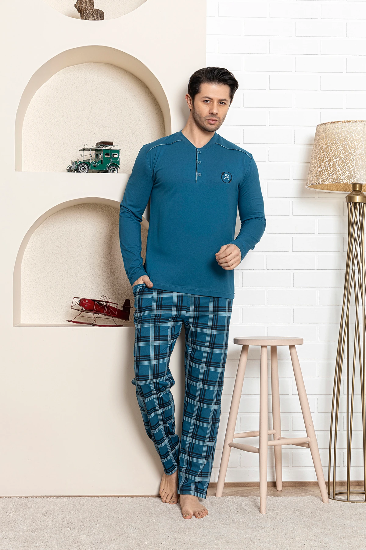 Erkek Ekose Pijama - açık mavi ekose