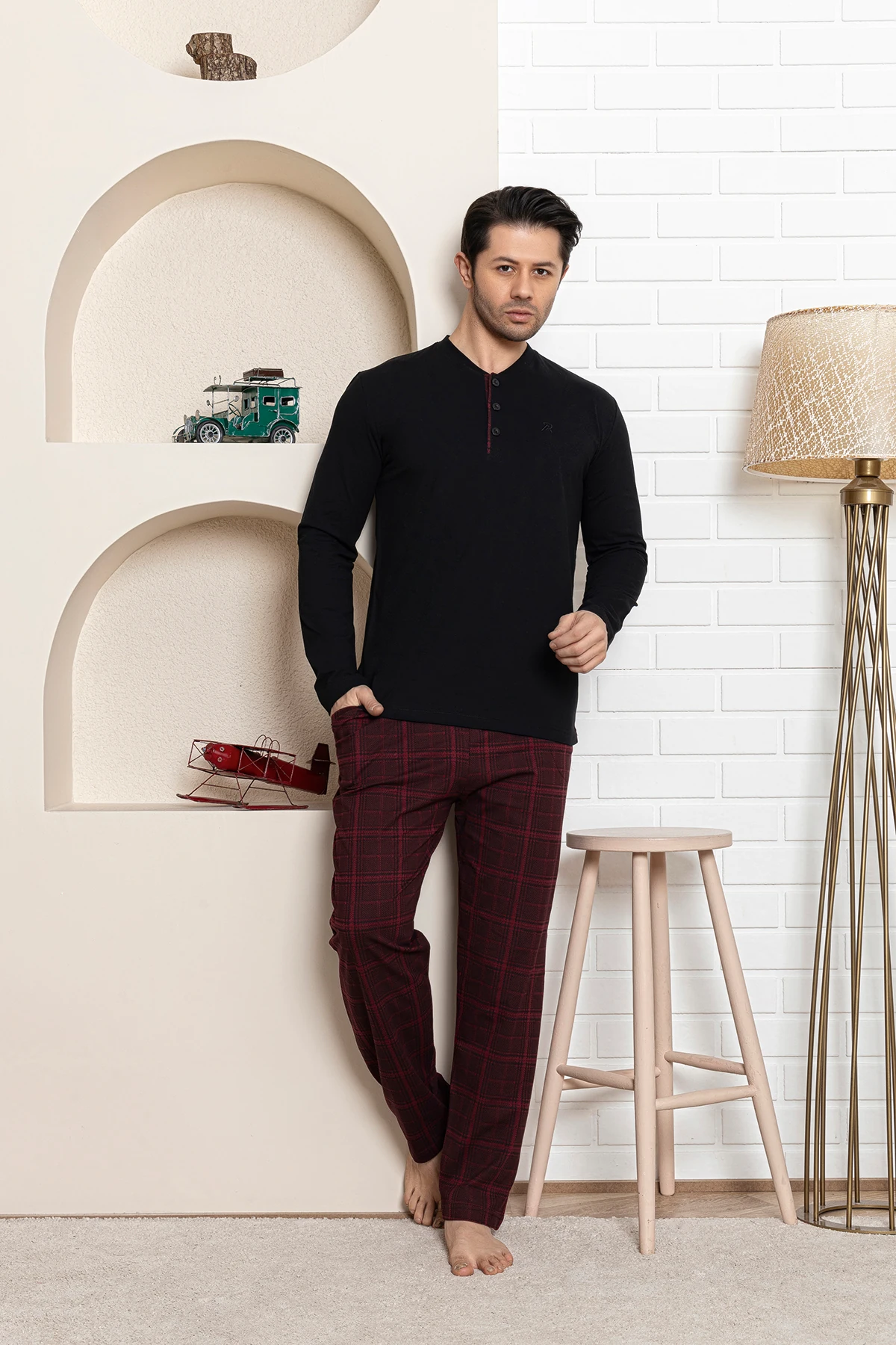 Erkek Ekose Pijama - bordo ekose