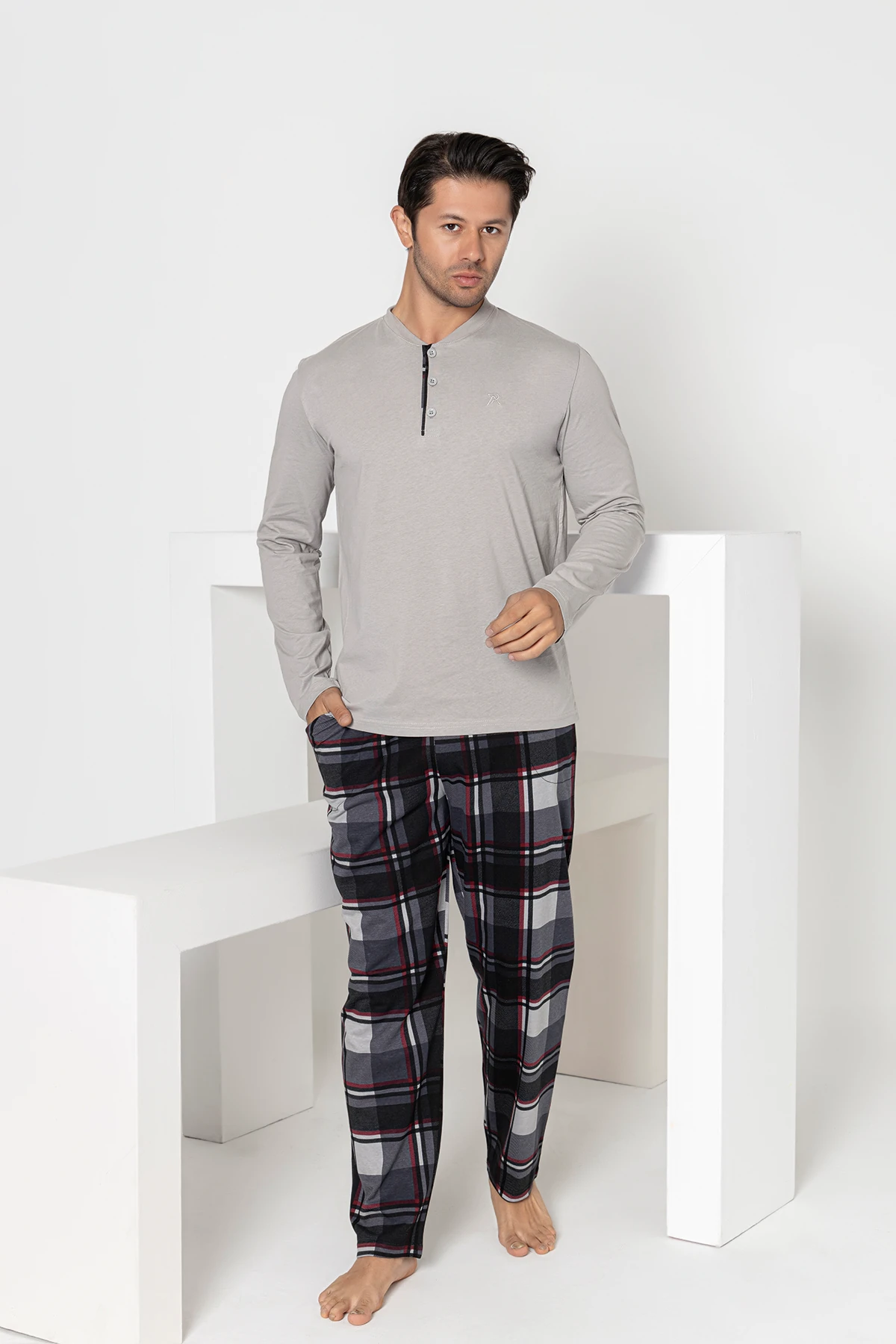 Erkek Ekose Pijama - bej ekose