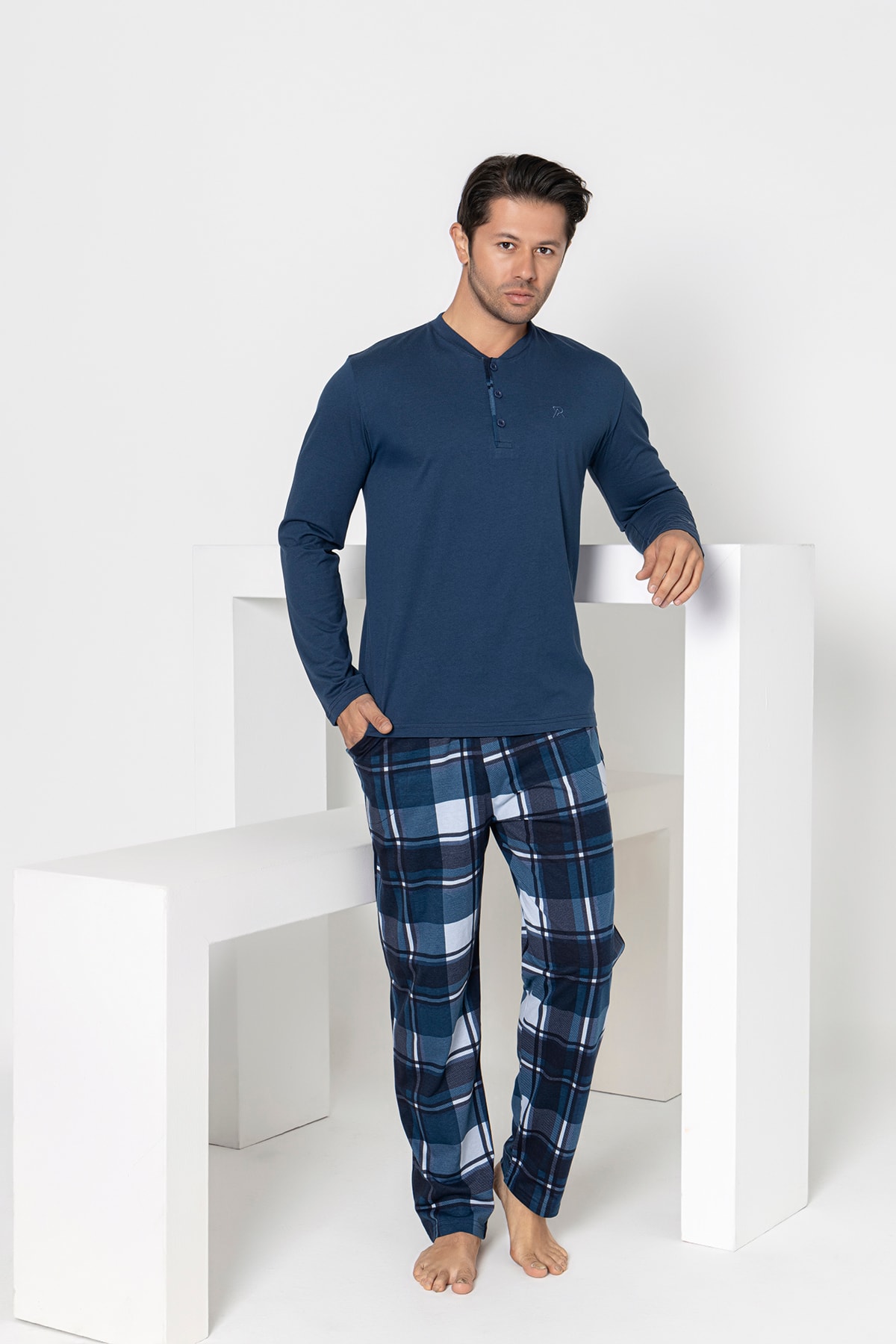Erkek Ekose Pijama - açık lacivert ekose
