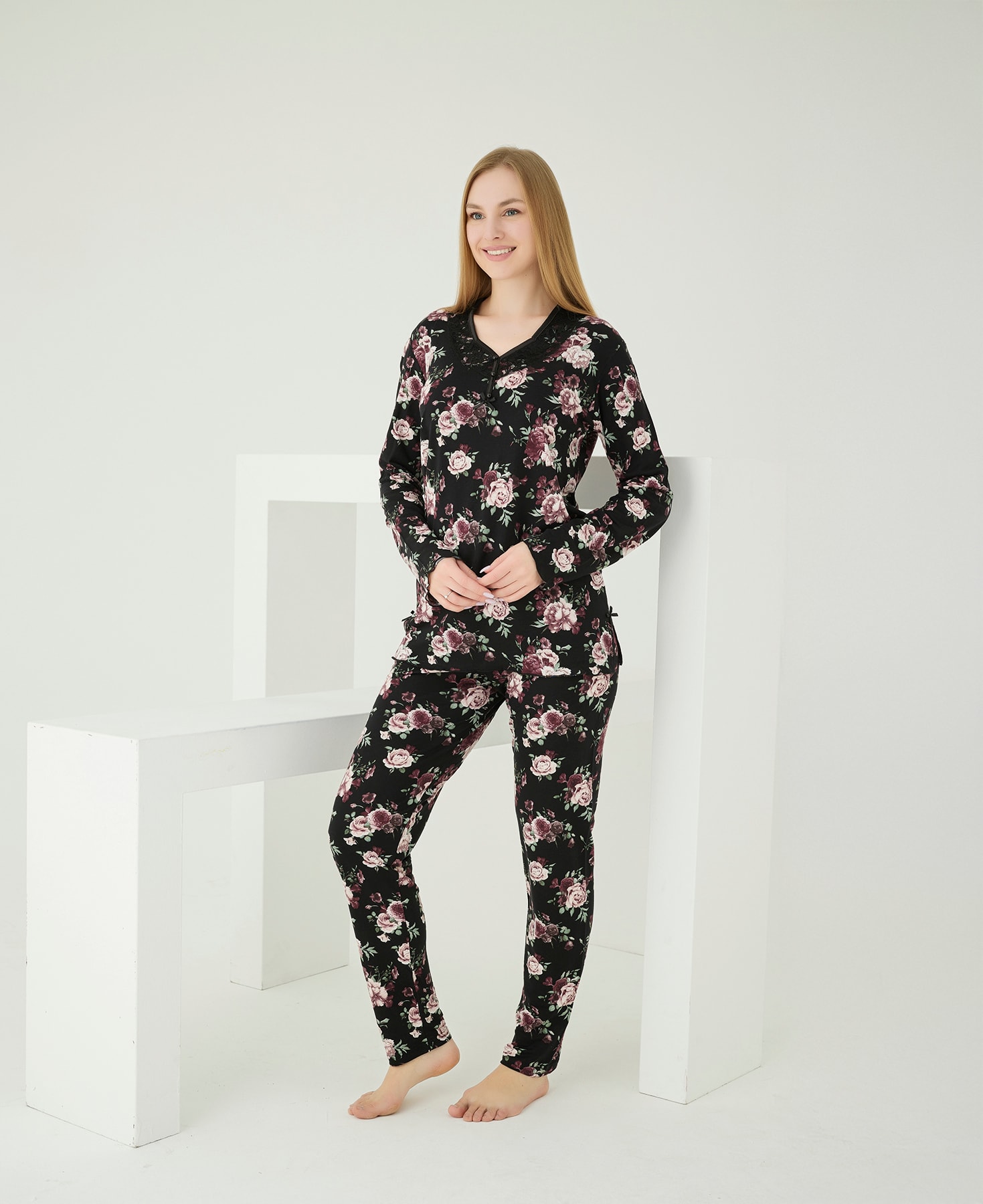 Bambu Pijama Takımı - siyah uzun kollu bambu pijama