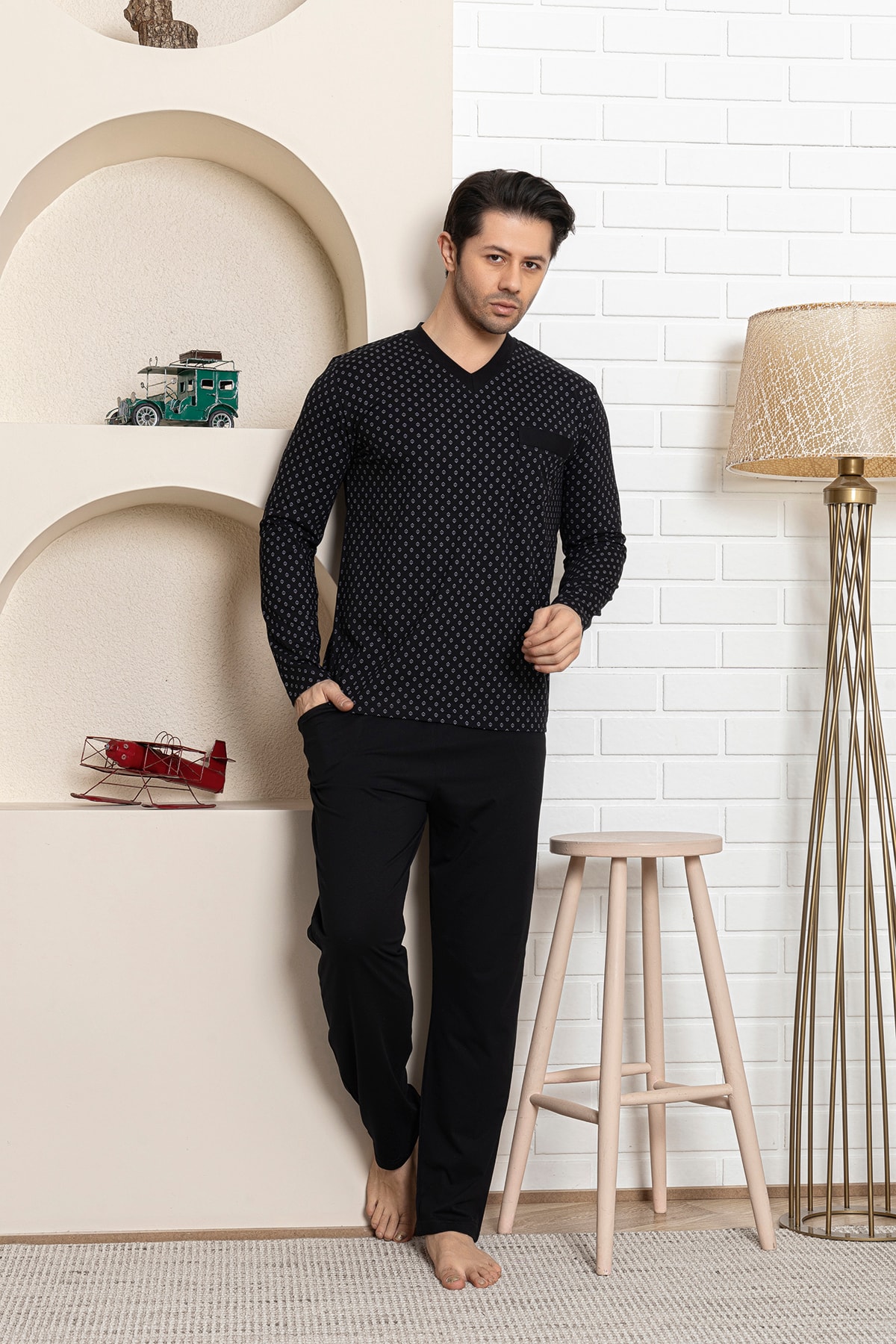Erkek Düz Model Kışlık  Pijama  - siyah desenli cepli
