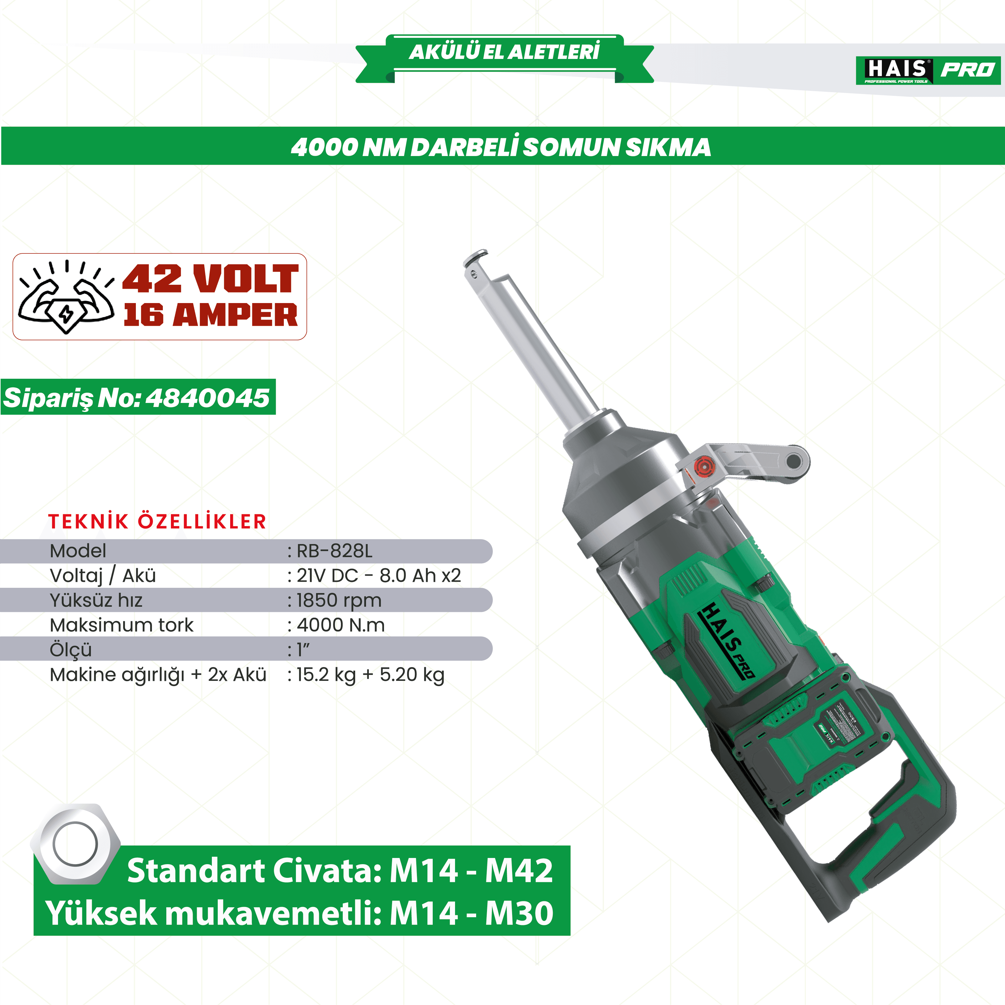 HAISPRO Profesyonel Darbeli Somun Sıkma 4000 Nm 21 V