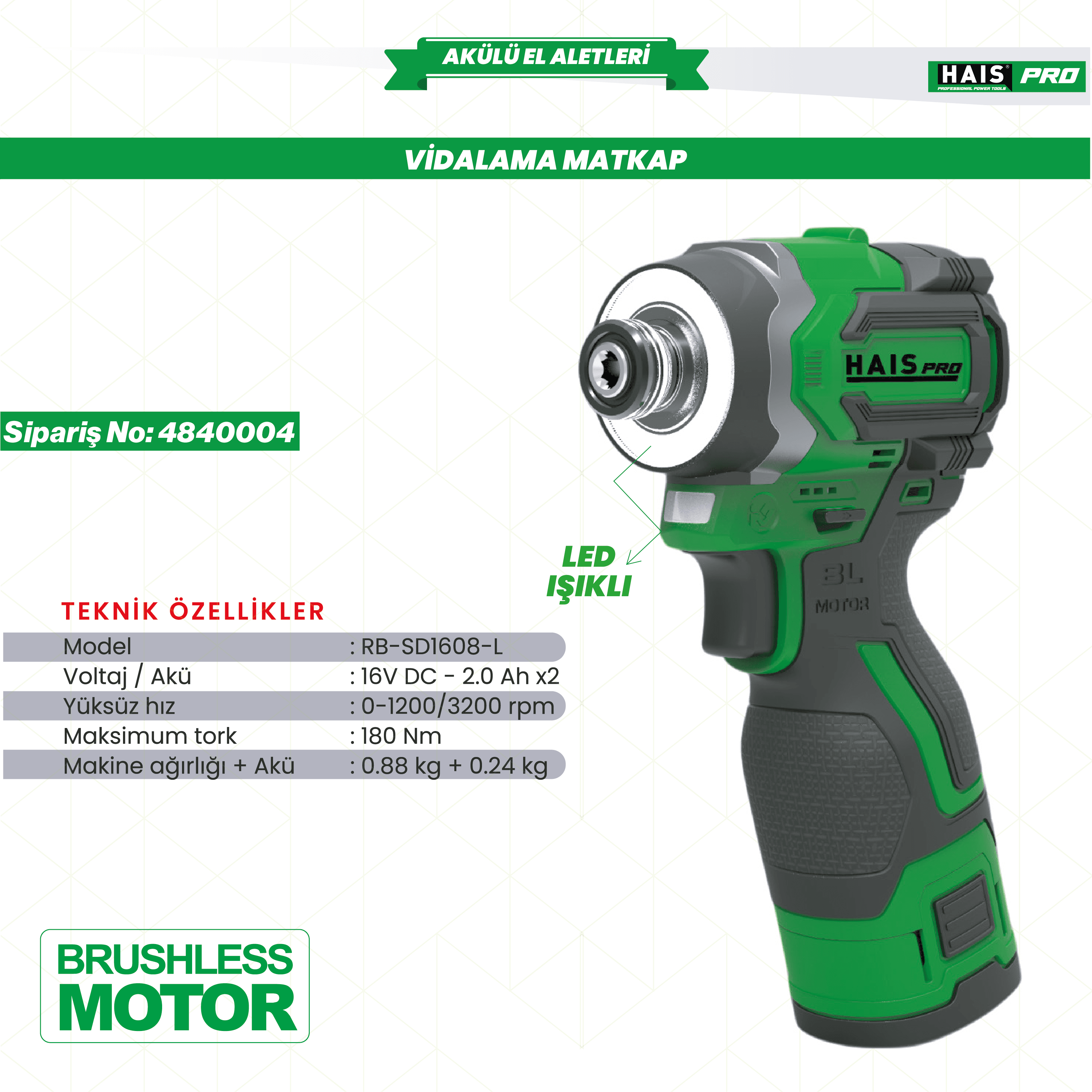 HAISPRO  RB-SD1608-L Profesyonel Vidalama Matkap 16 V 