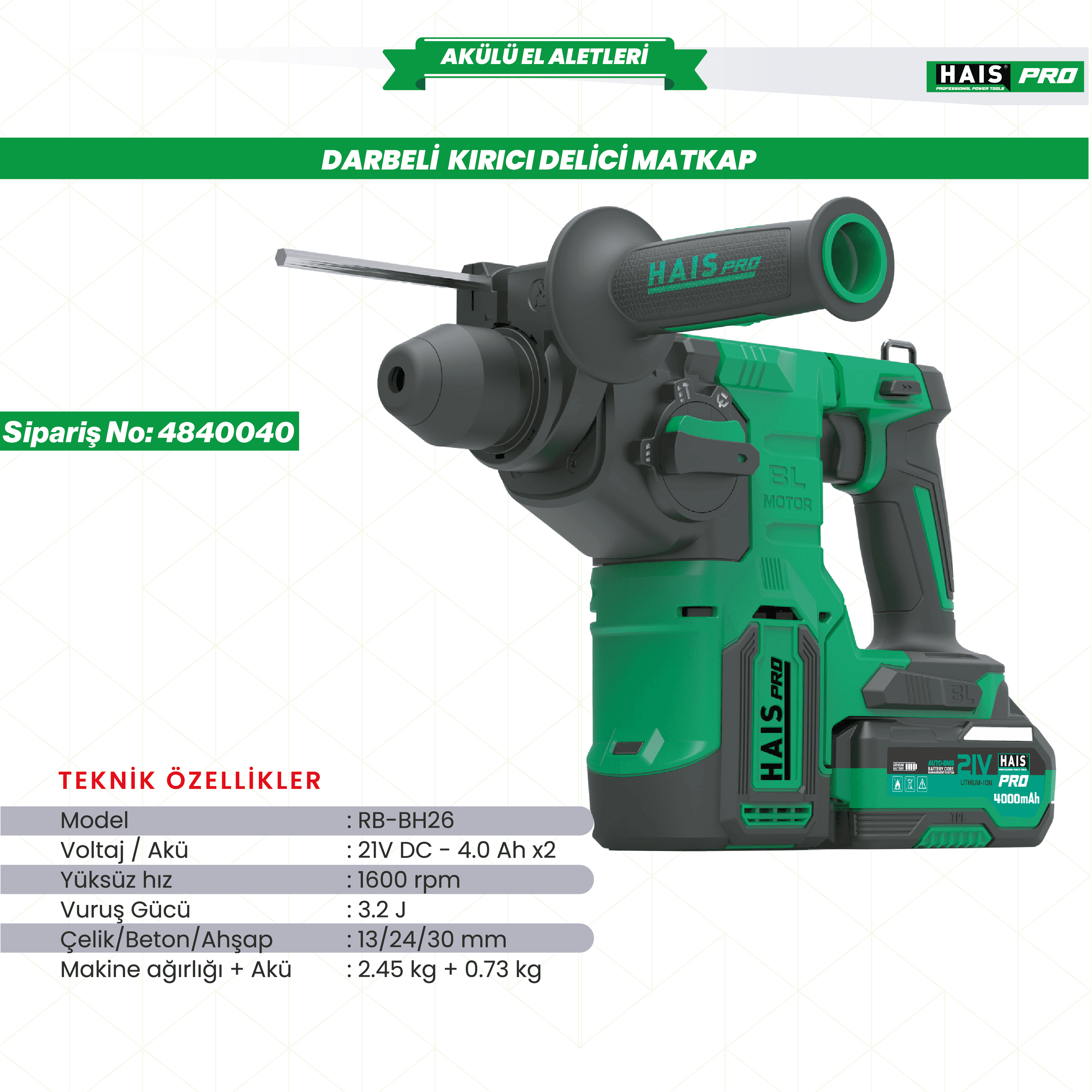 HAISPRO RB-BH26 Profesyonel Darbeli Kırıcı Delici Matkap