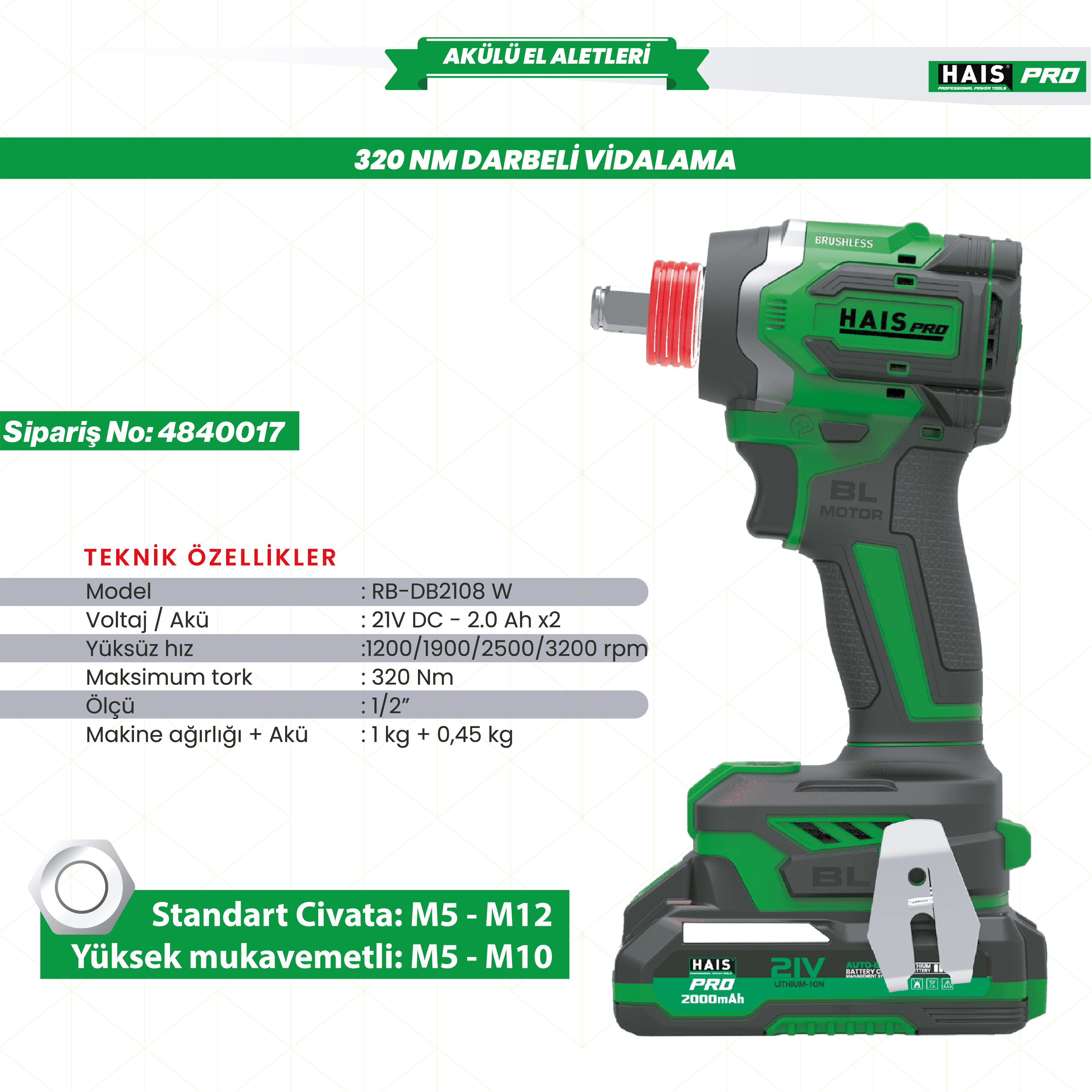 HaisPro RB-SD2108W 21V 2.0Ah Çift Akülü Kömürsüz Darbeli Vidalama (RB-DB2180W)