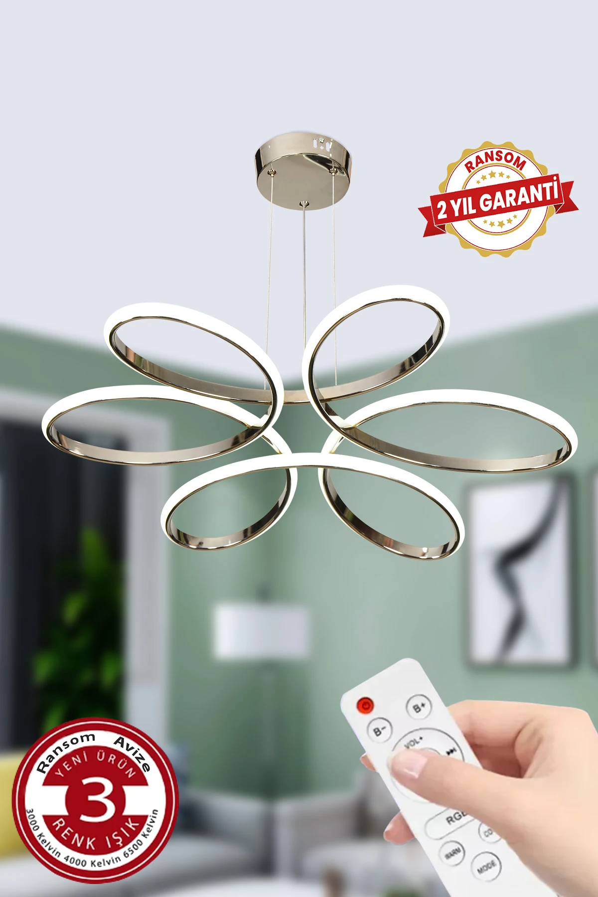 3 Renk Kumandalı Büyük Salon & Oda Avizesi Topsuz Papatya Krom Gümüş Ledli Avize