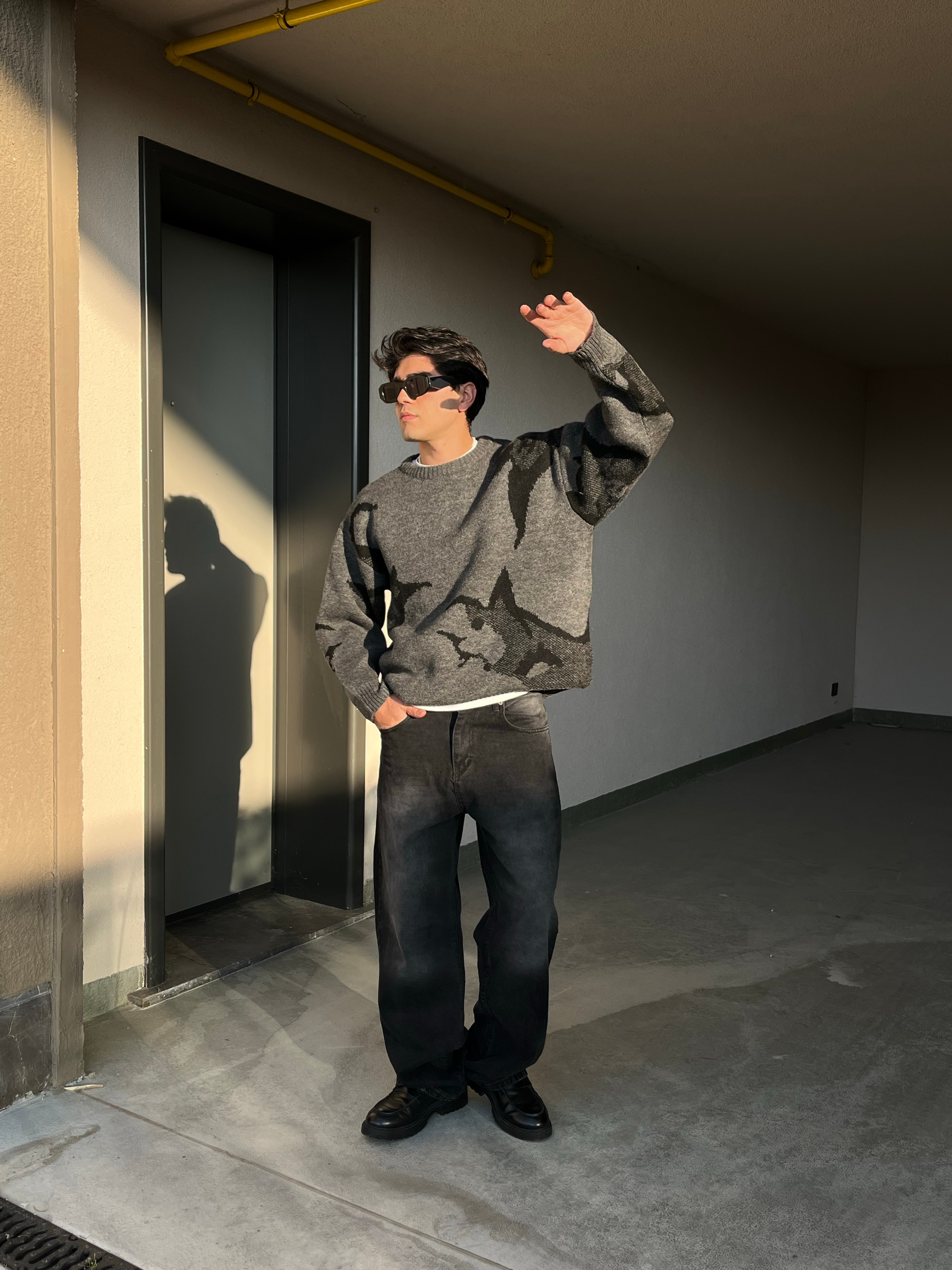 Animal Desen Premium Oversize Antrasit Triko Kazak