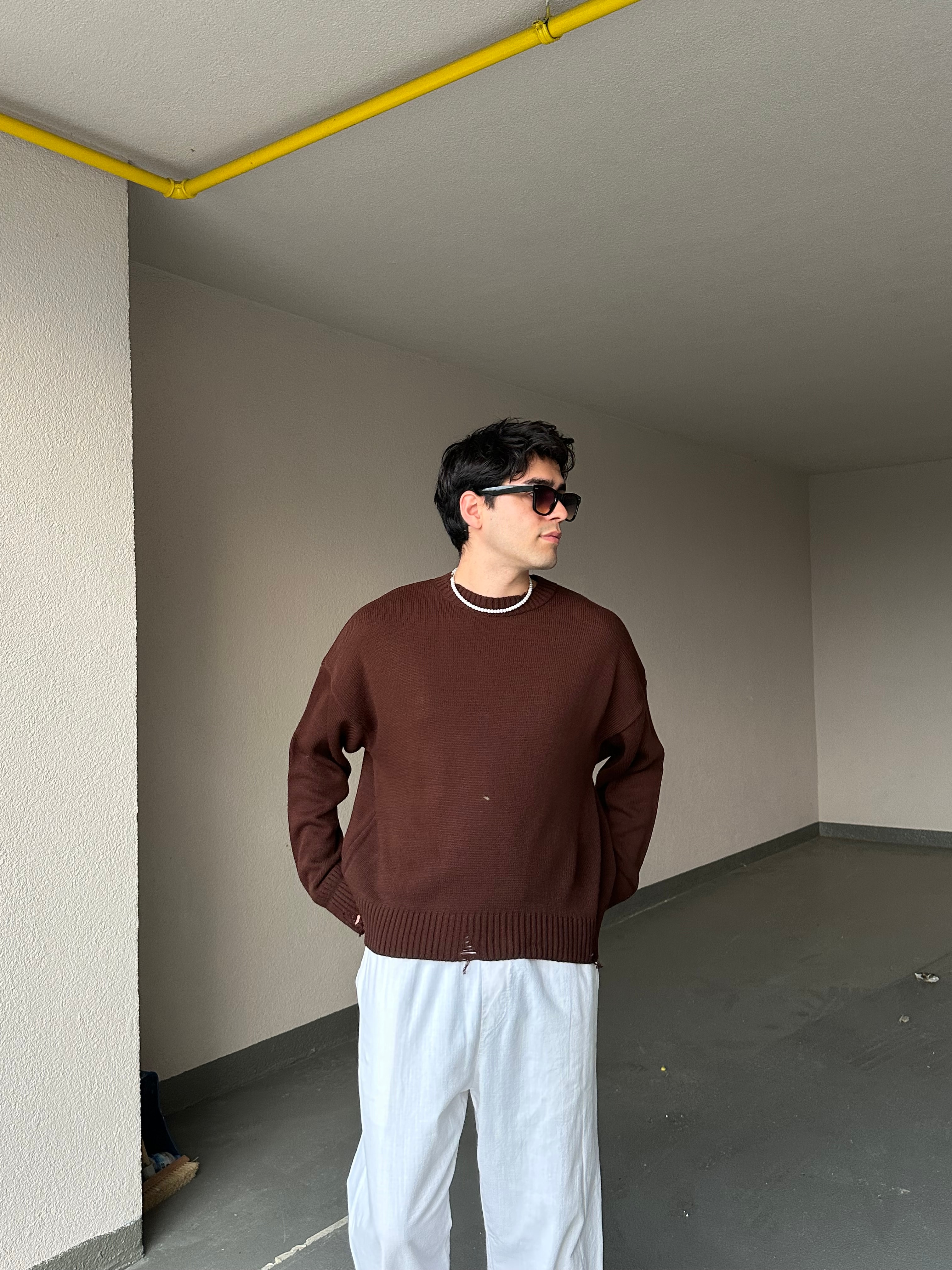 Basic Crop Kesim Oversize Triko Kazak - Kahverengi