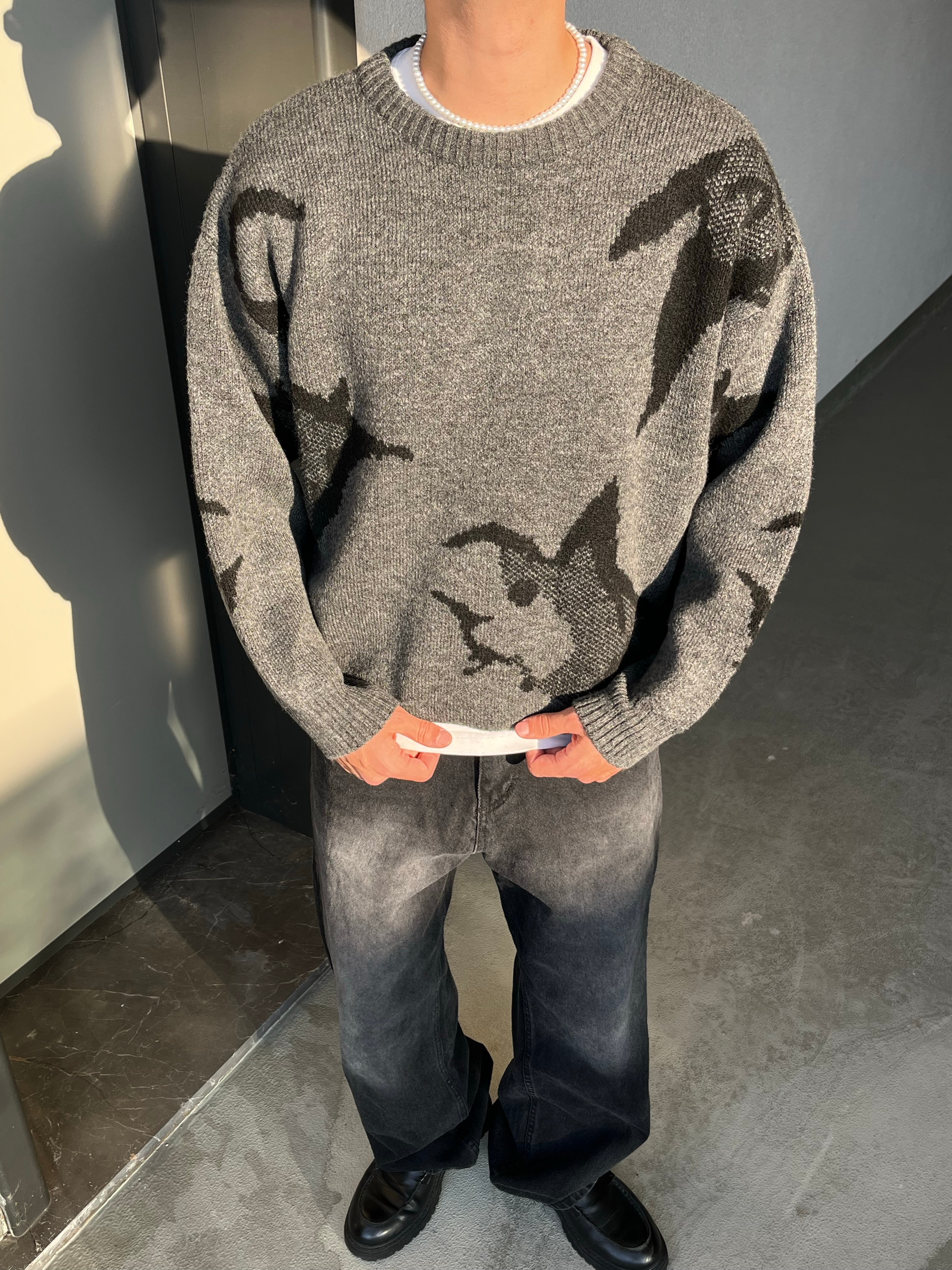 Animal Desen Premium Oversize Antrasit Triko Kazak