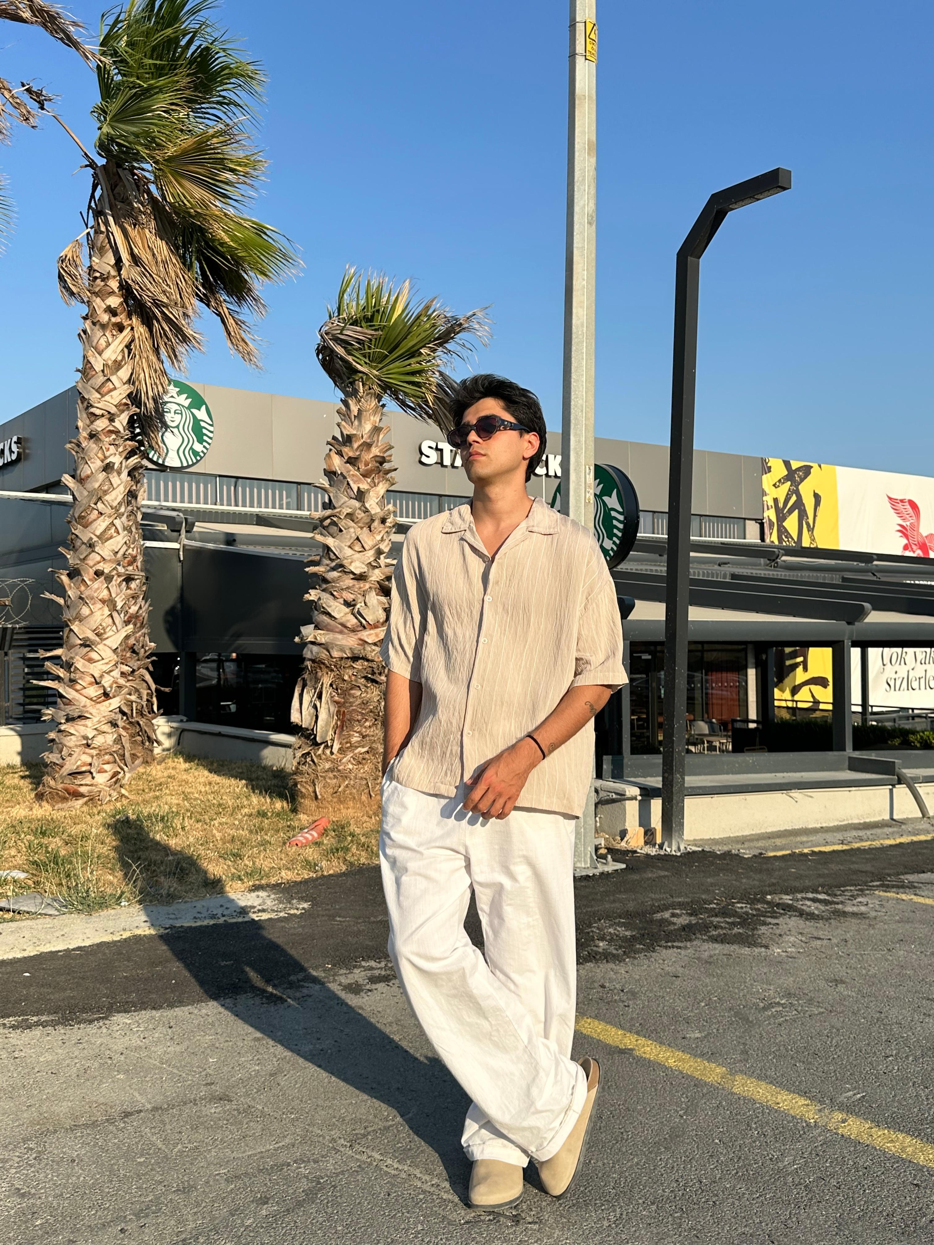 Çizgili Kısa Kol Oversize Gömlek - Bej