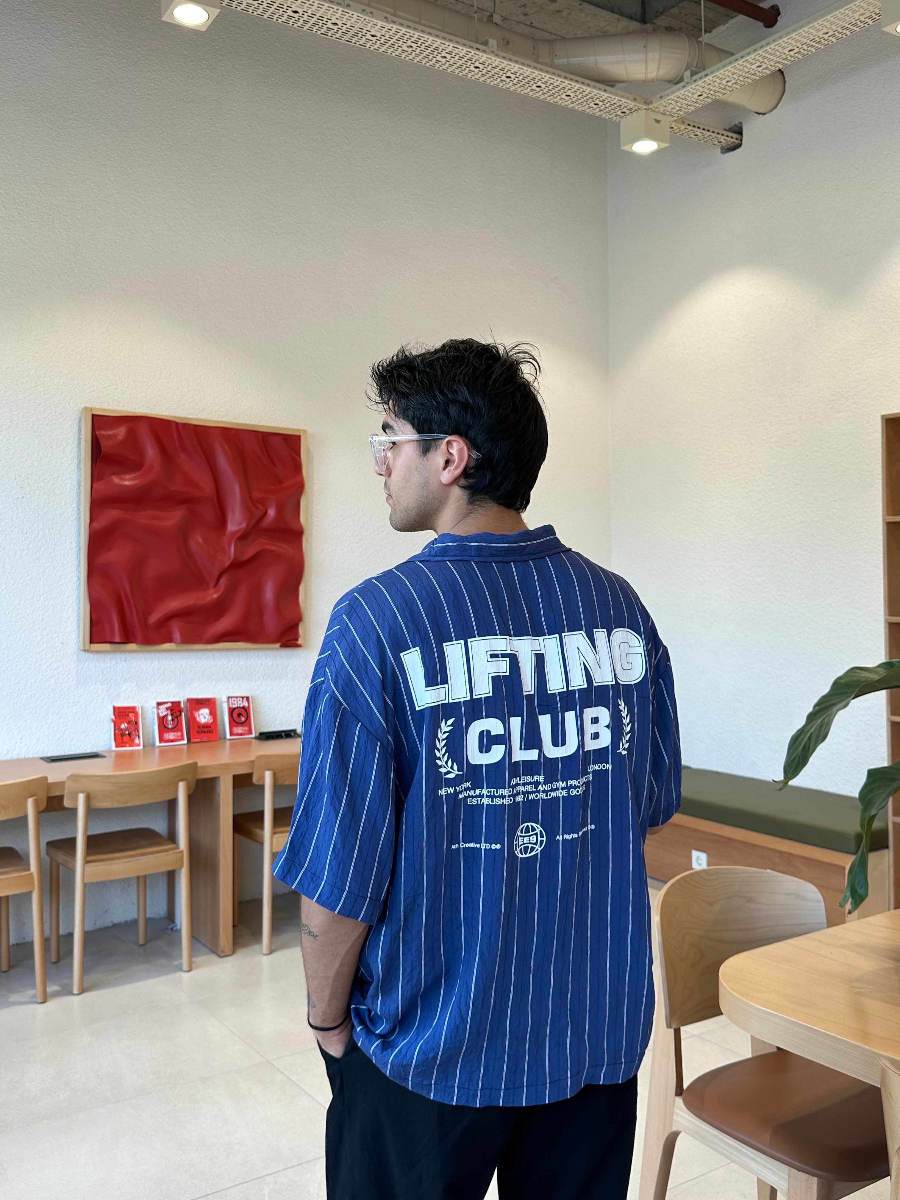 Lifting Club Baskılı Oversize Çizgili Gömlek - Mavi