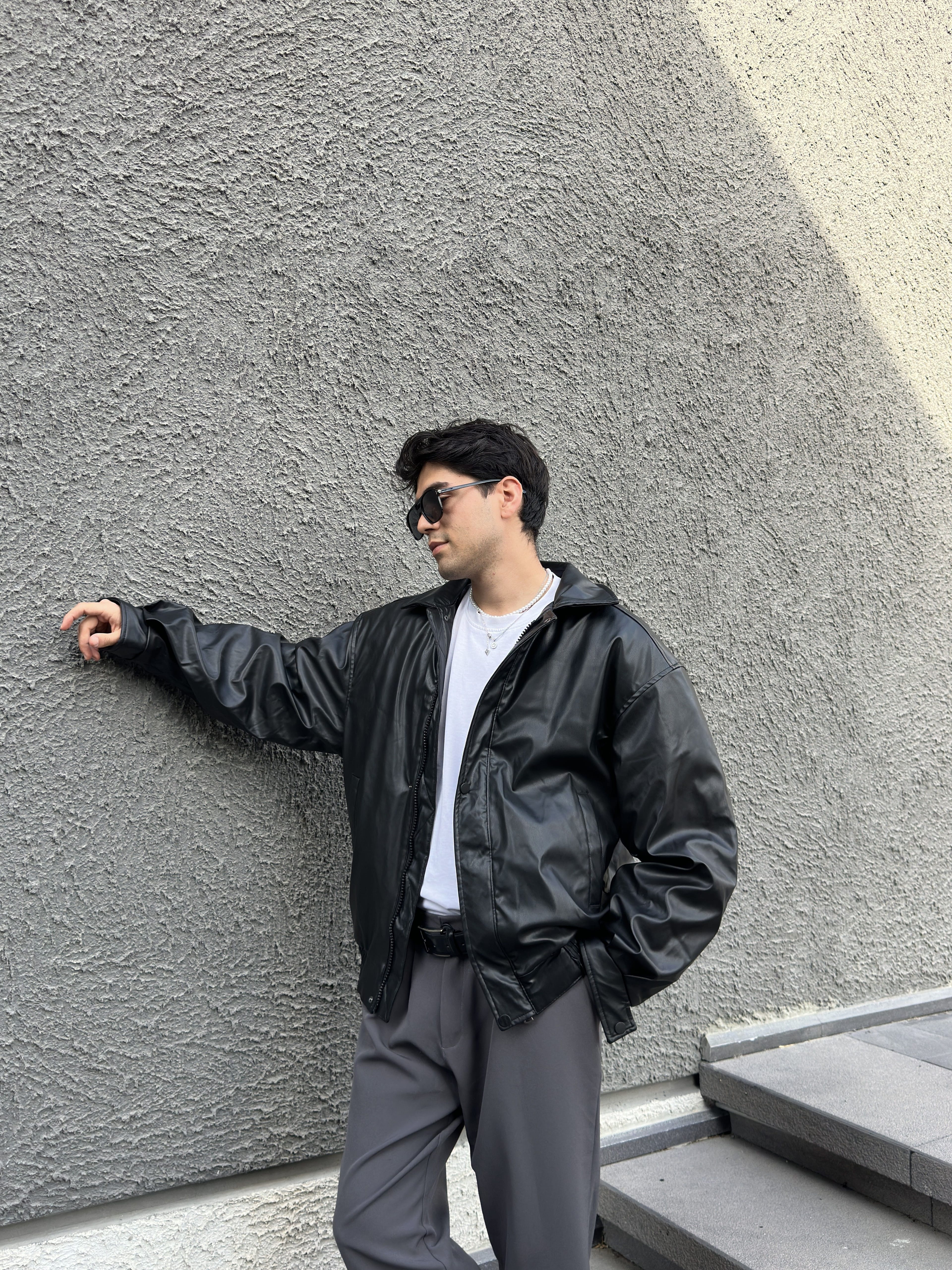 Premium Siyah Oversize Deri Ceket