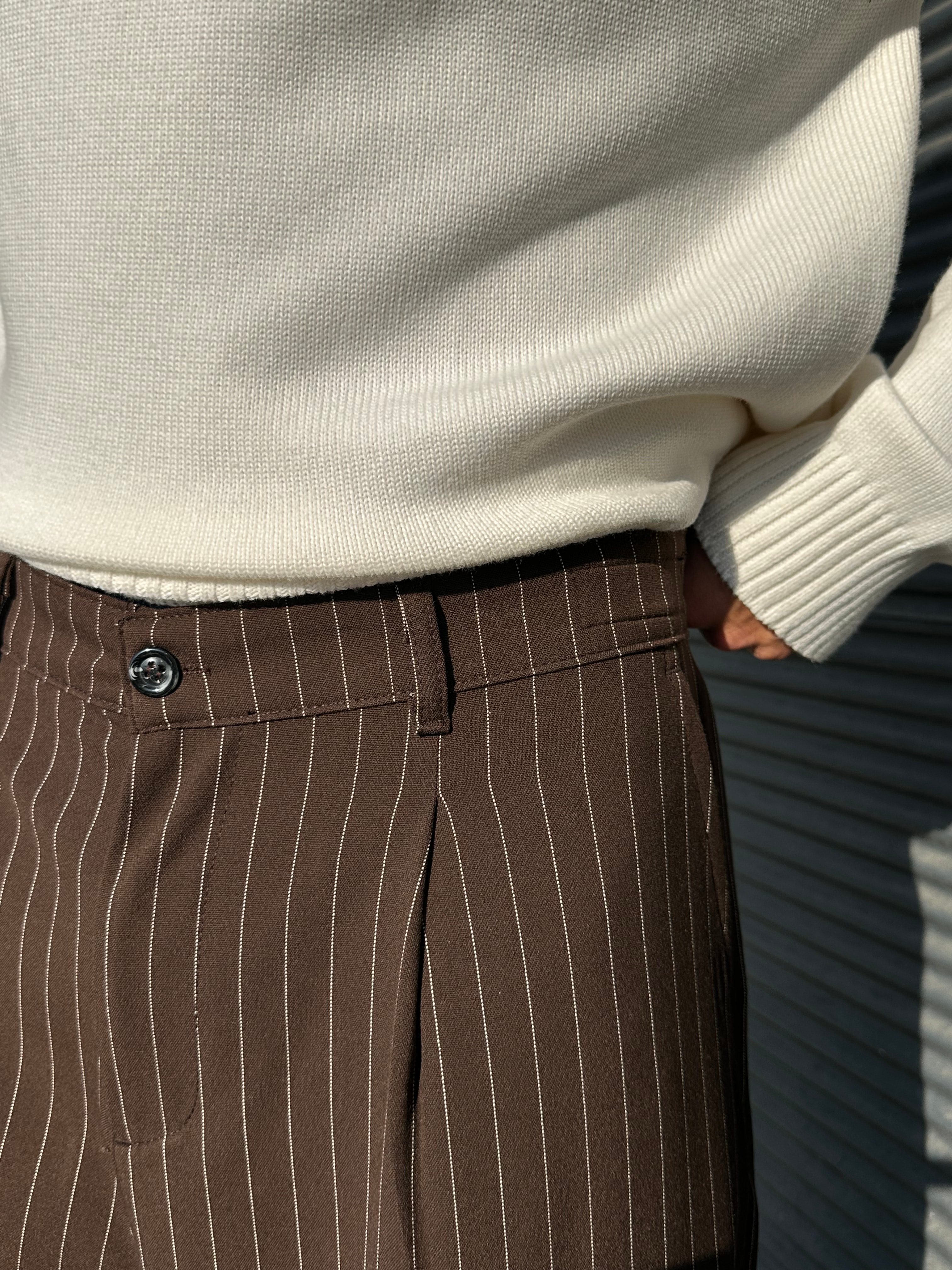 Premium Çizgili Baggy Kumaş Pantolon  - Kahverengi