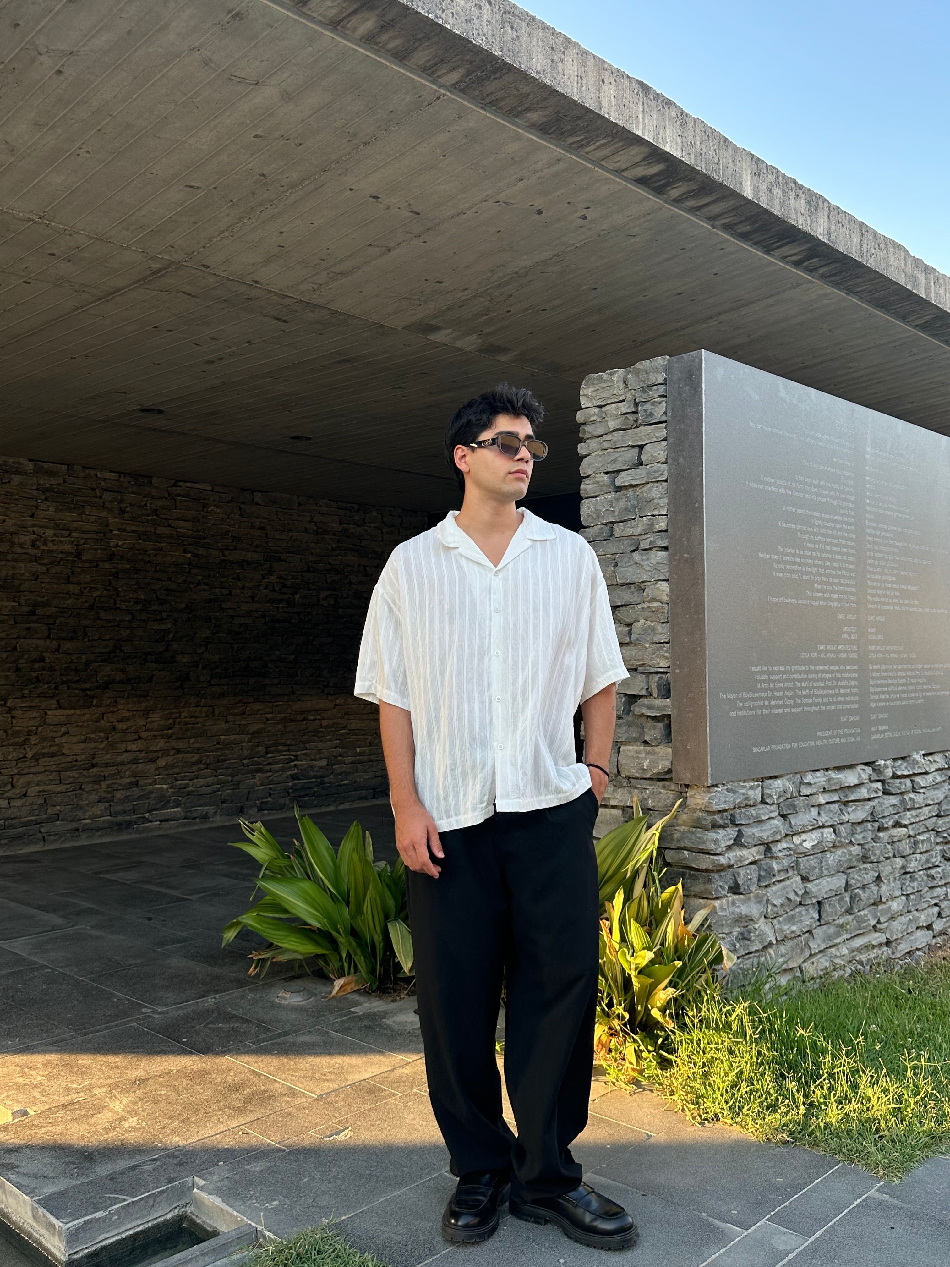 Basic Çizgili Oversize Gömlek - Beyaz