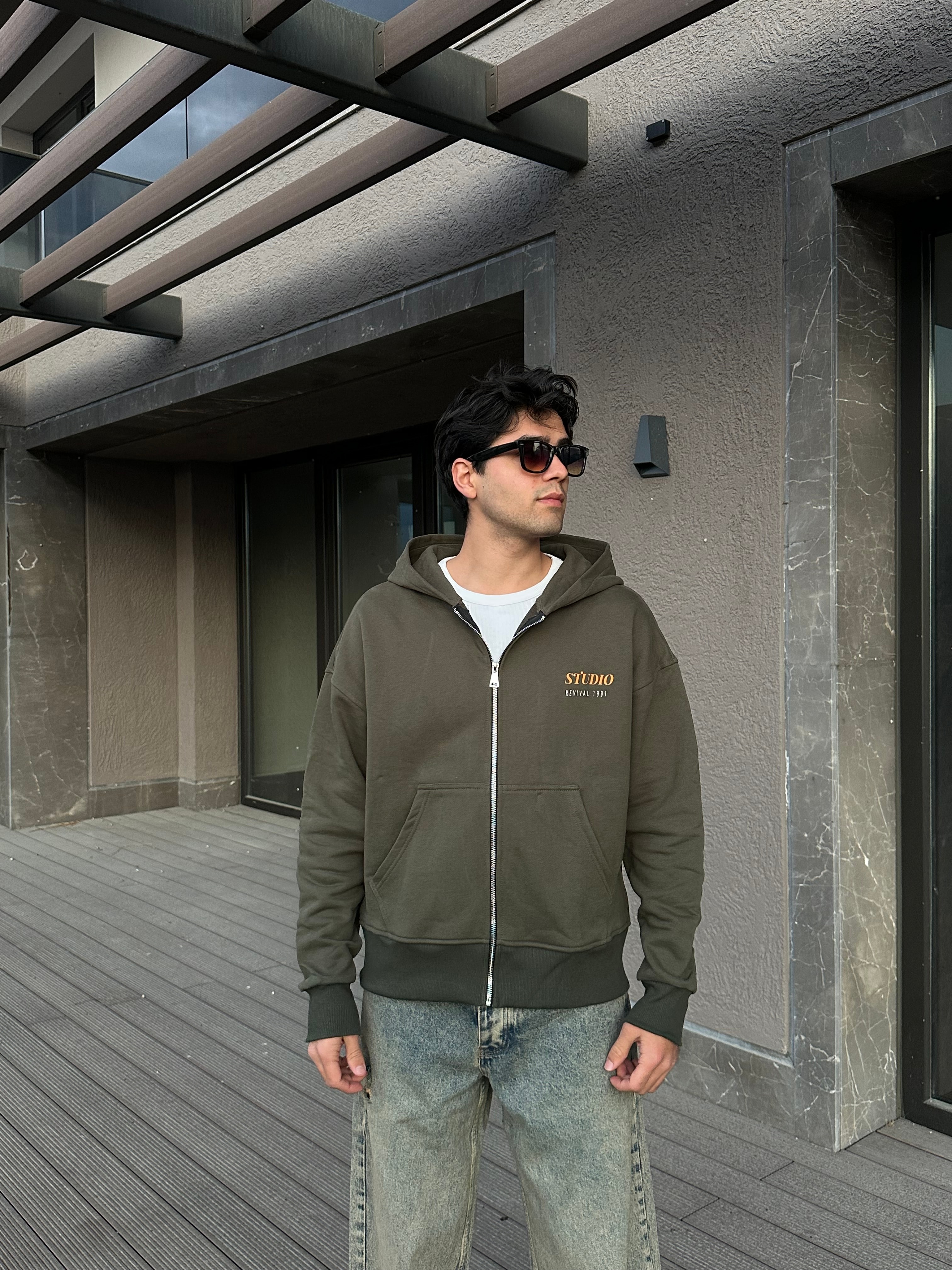 Studio Revival Baskılı Haki Yeşil Zip Hoodie 