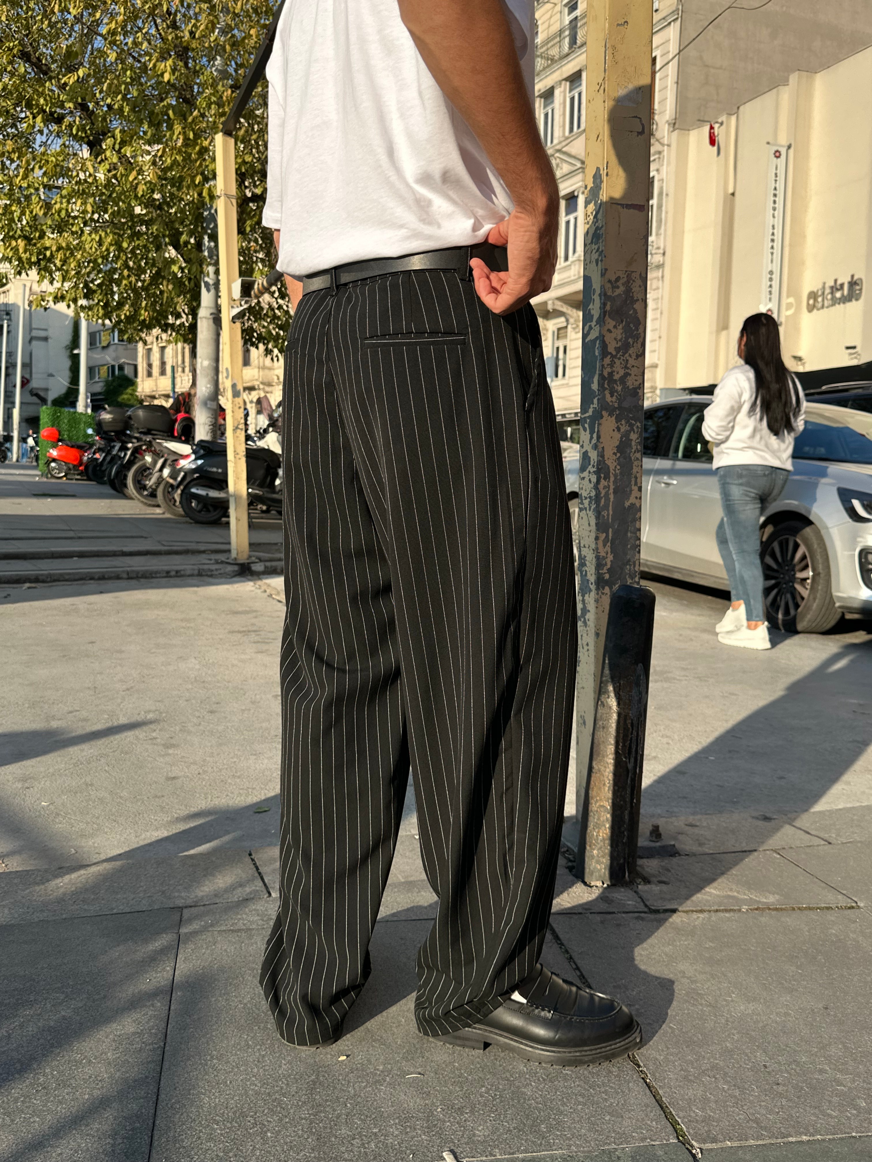 Premium Çizgili Baggy Kumaş Pantolon  - Siyah