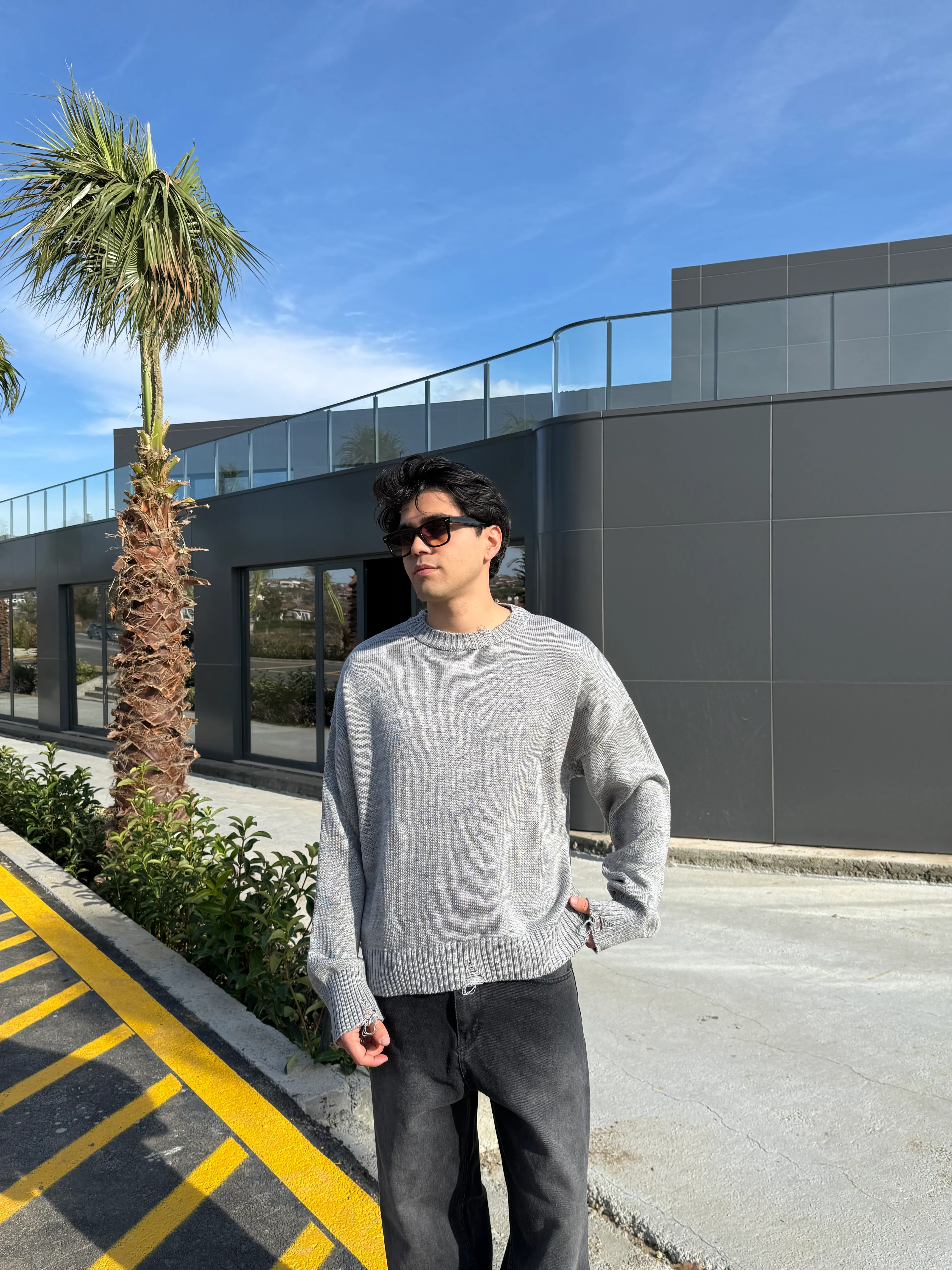 Basic Crop Kesim Oversize Triko Kazak - Gri