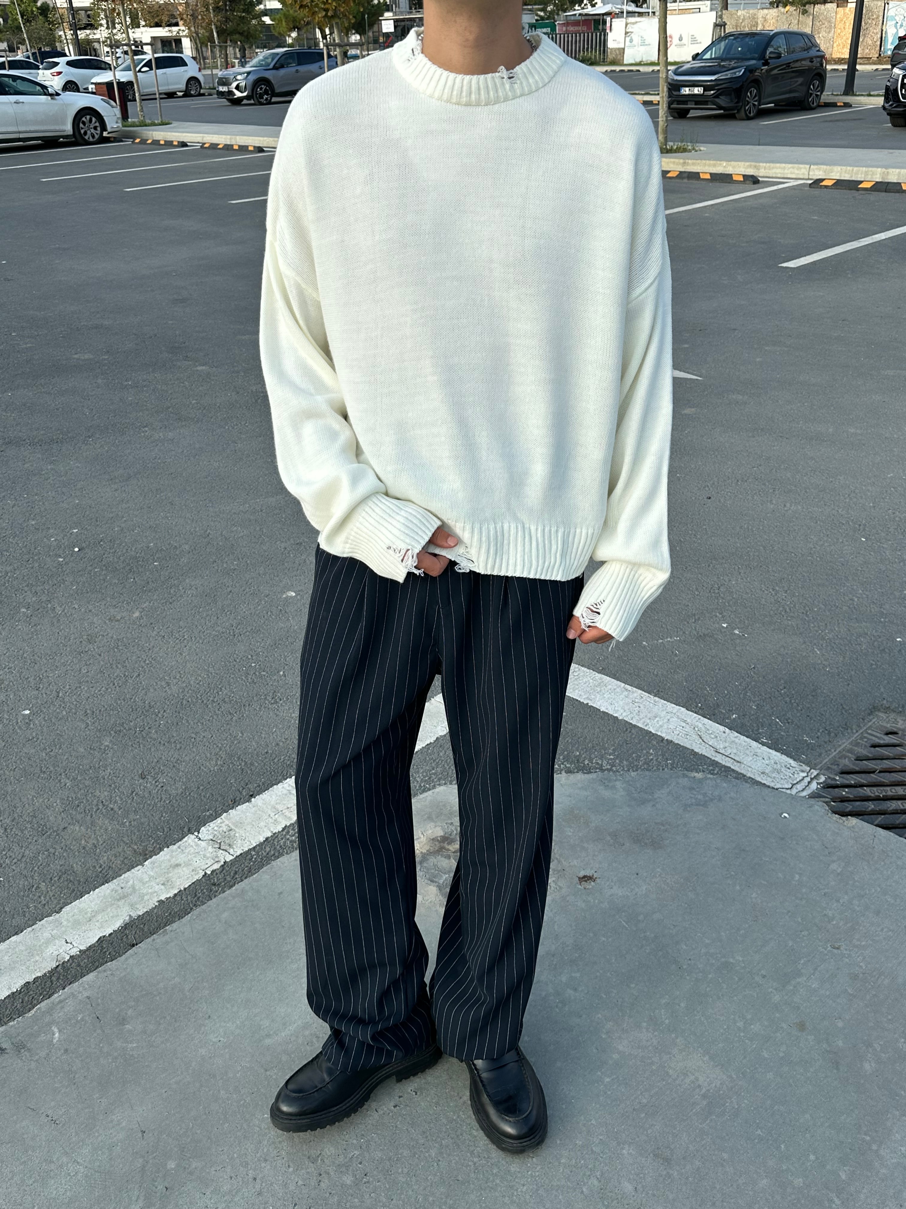 Basic Crop Kesim Oversize Triko Kazak - Ekru