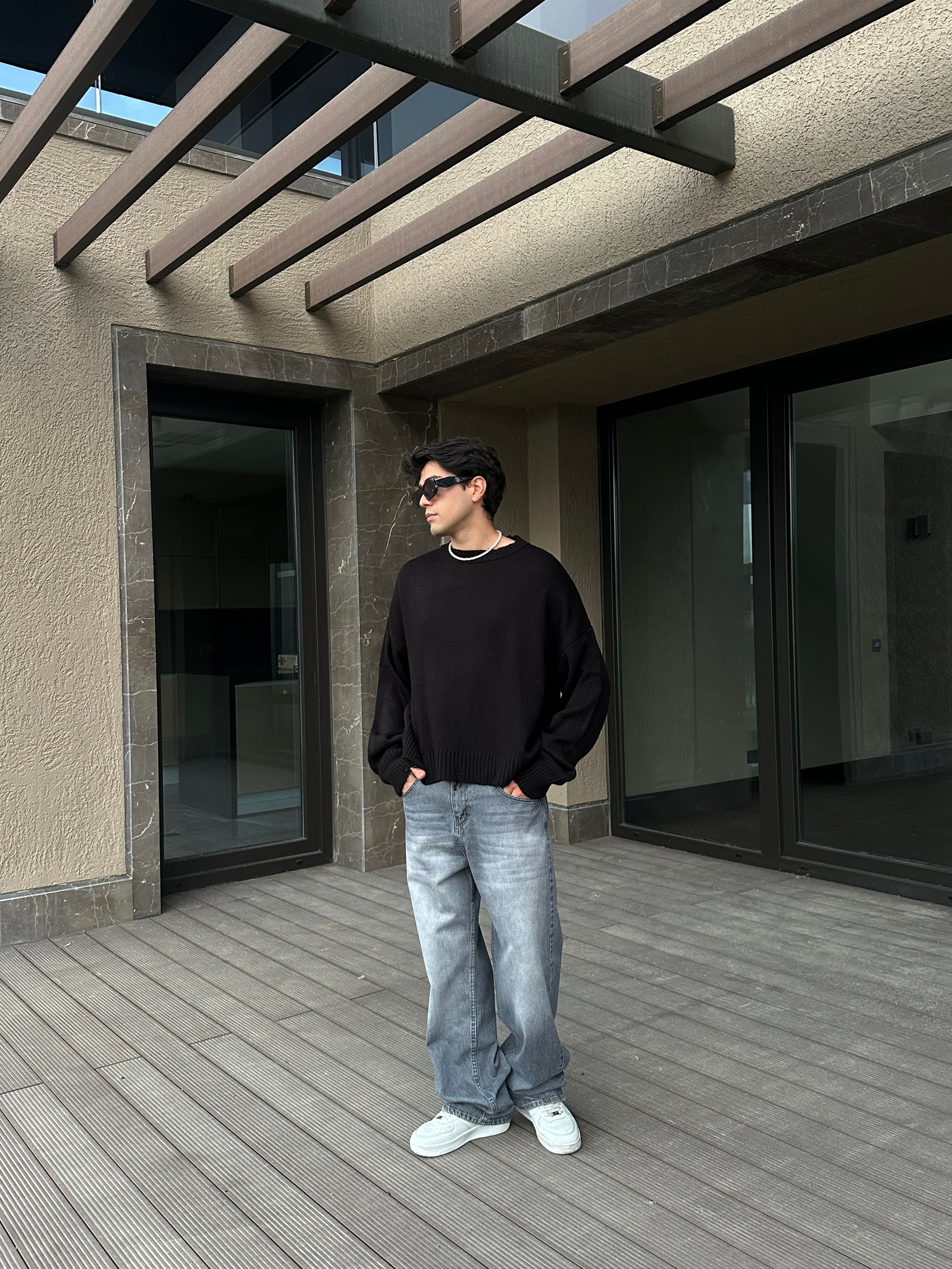 Basic Crop Kesim Oversize Triko Kazak - Siyah