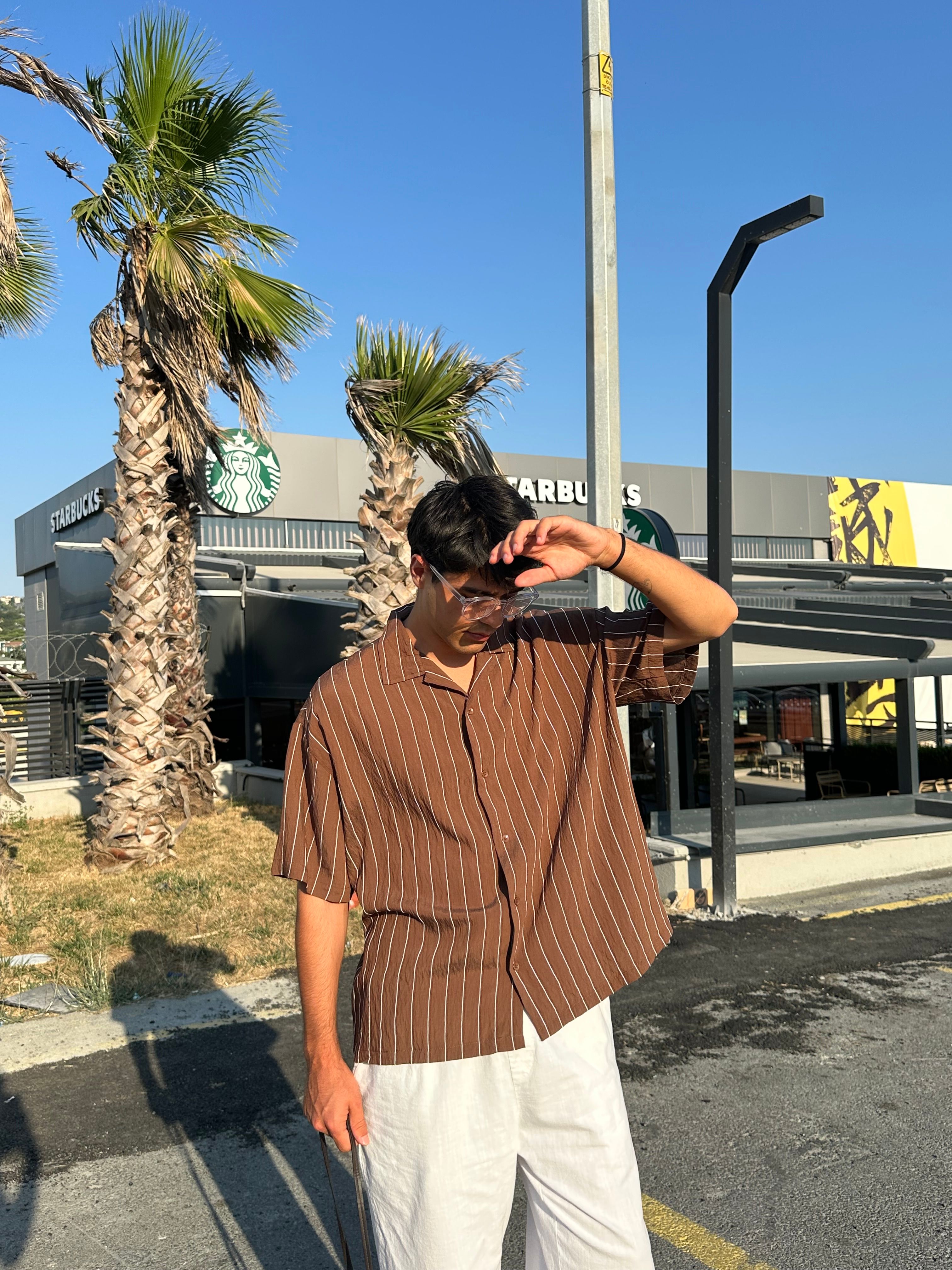 Çizgili Kısa Kol Oversize Gömlek - Kahverengi